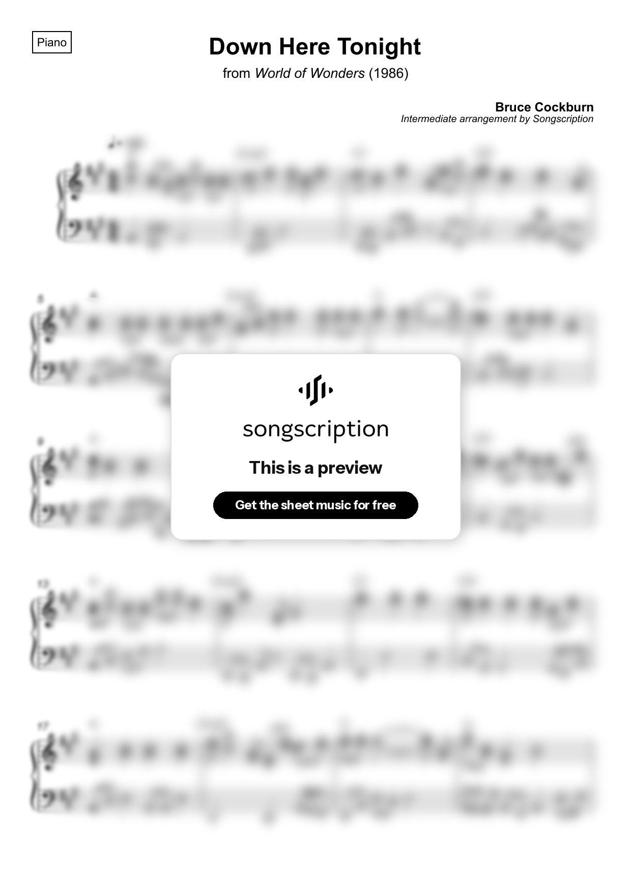 Intermediate Piano Sheet Music for "Down Here Tonight" by Bruce Cockburn