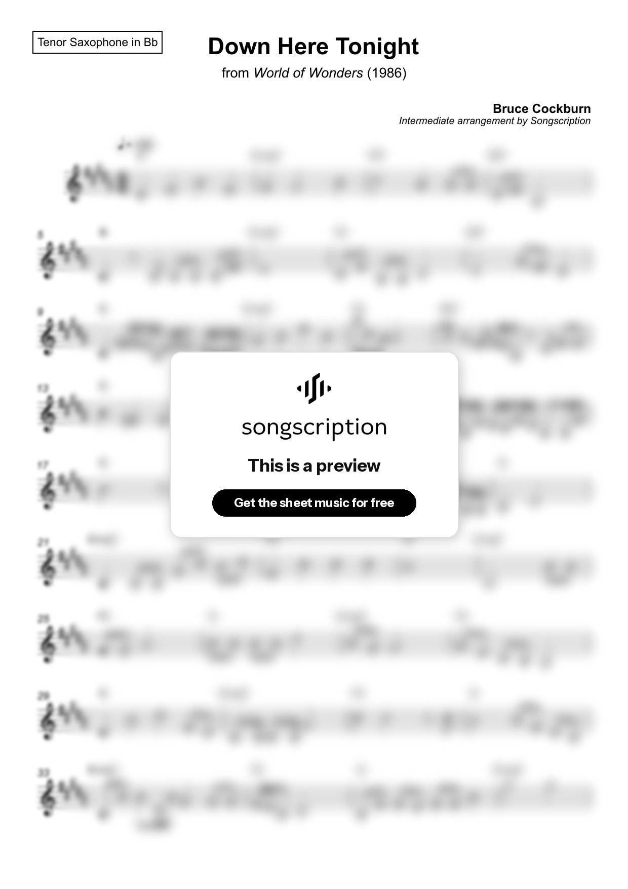 Intermediate Tenor Sax Sheet Music for "Down Here Tonight" by Bruce Cockburn