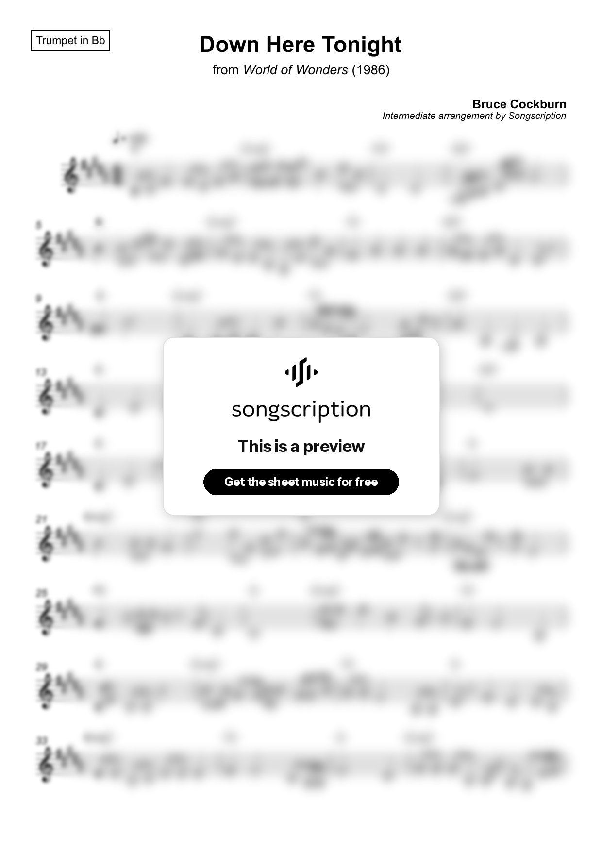 Intermediate Trumpet Sheet Music for "Down Here Tonight" by Bruce Cockburn