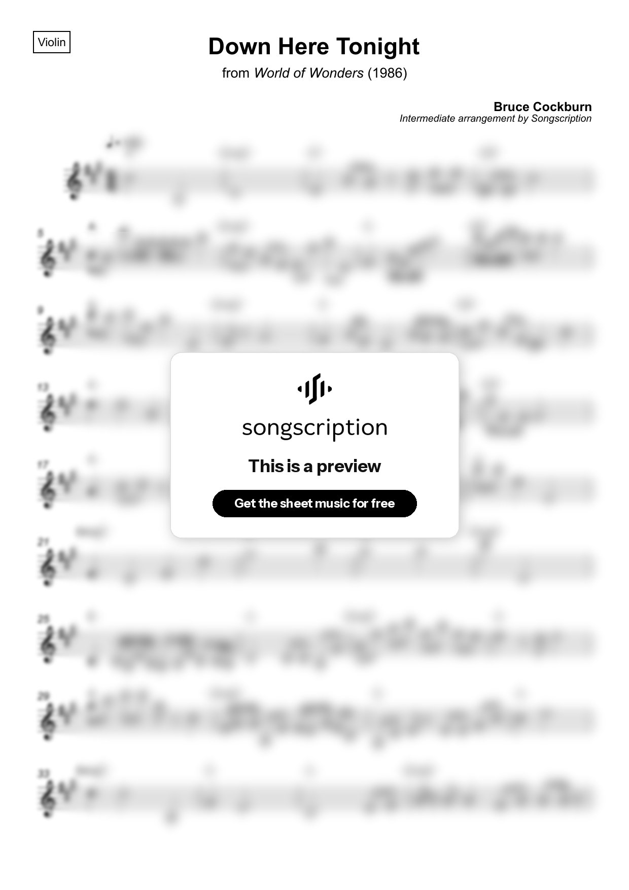 Intermediate Violin Sheet Music for "Down Here Tonight" by Bruce Cockburn