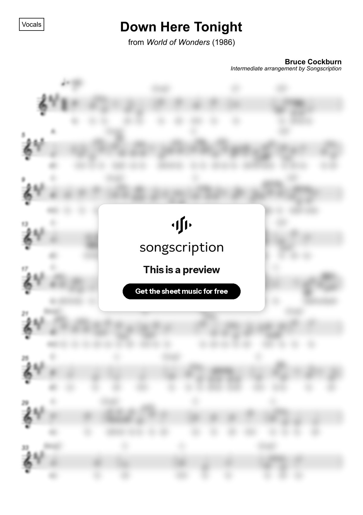 Intermediate Vocals Sheet Music for "Down Here Tonight" by Bruce Cockburn