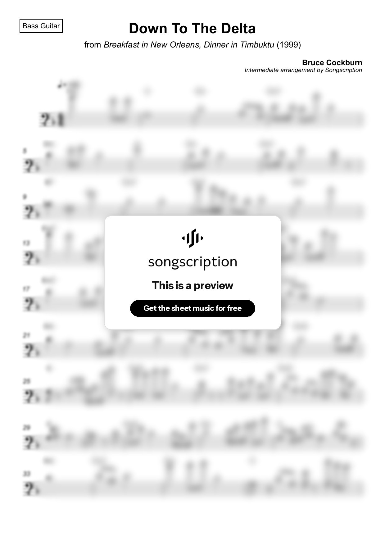 Intermediate Bass Guitar Sheet Music for "Down To The Delta" by Bruce Cockburn