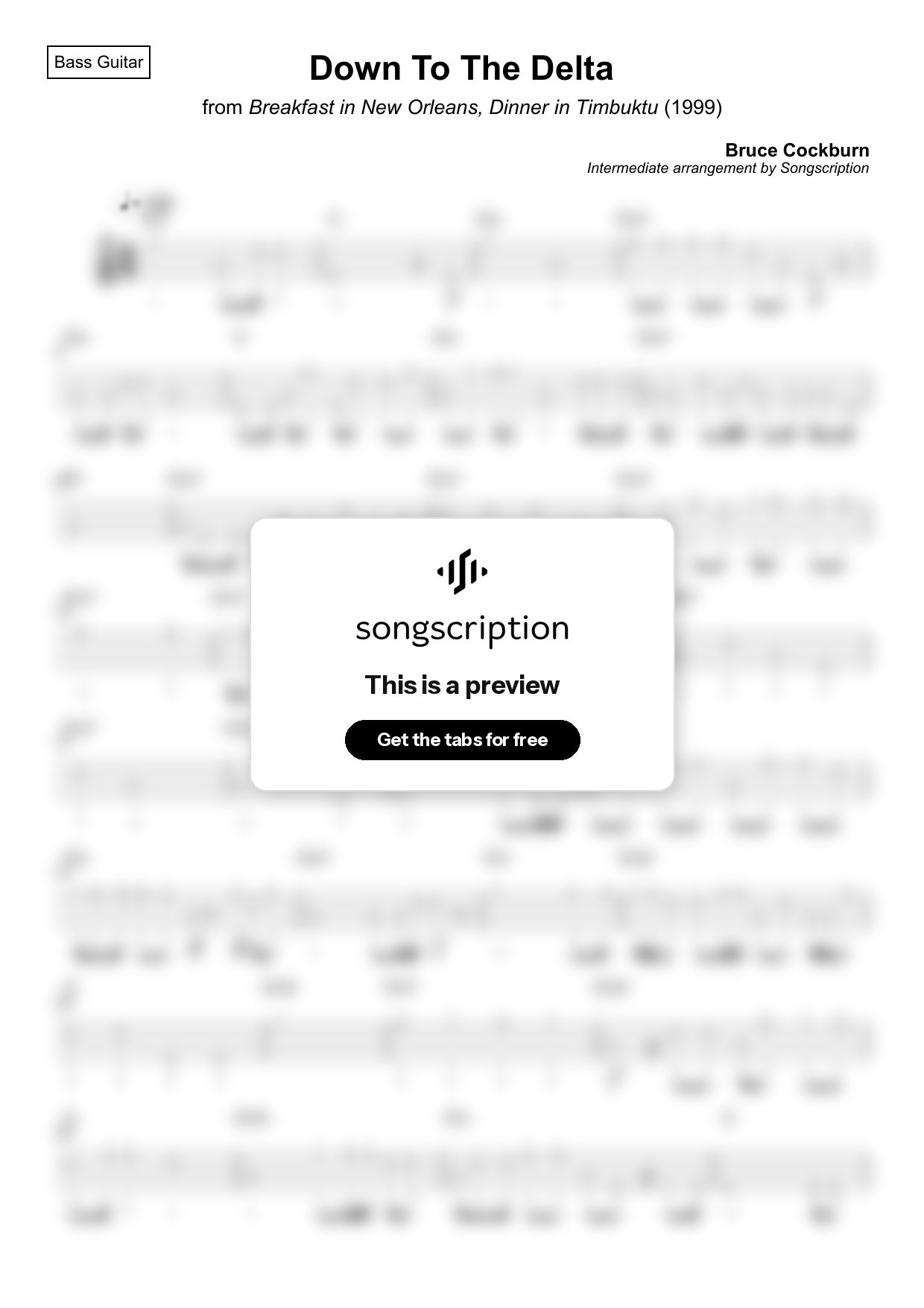 Intermediate Bass Guitar Tabs for "Down To The Delta" by Bruce Cockburn