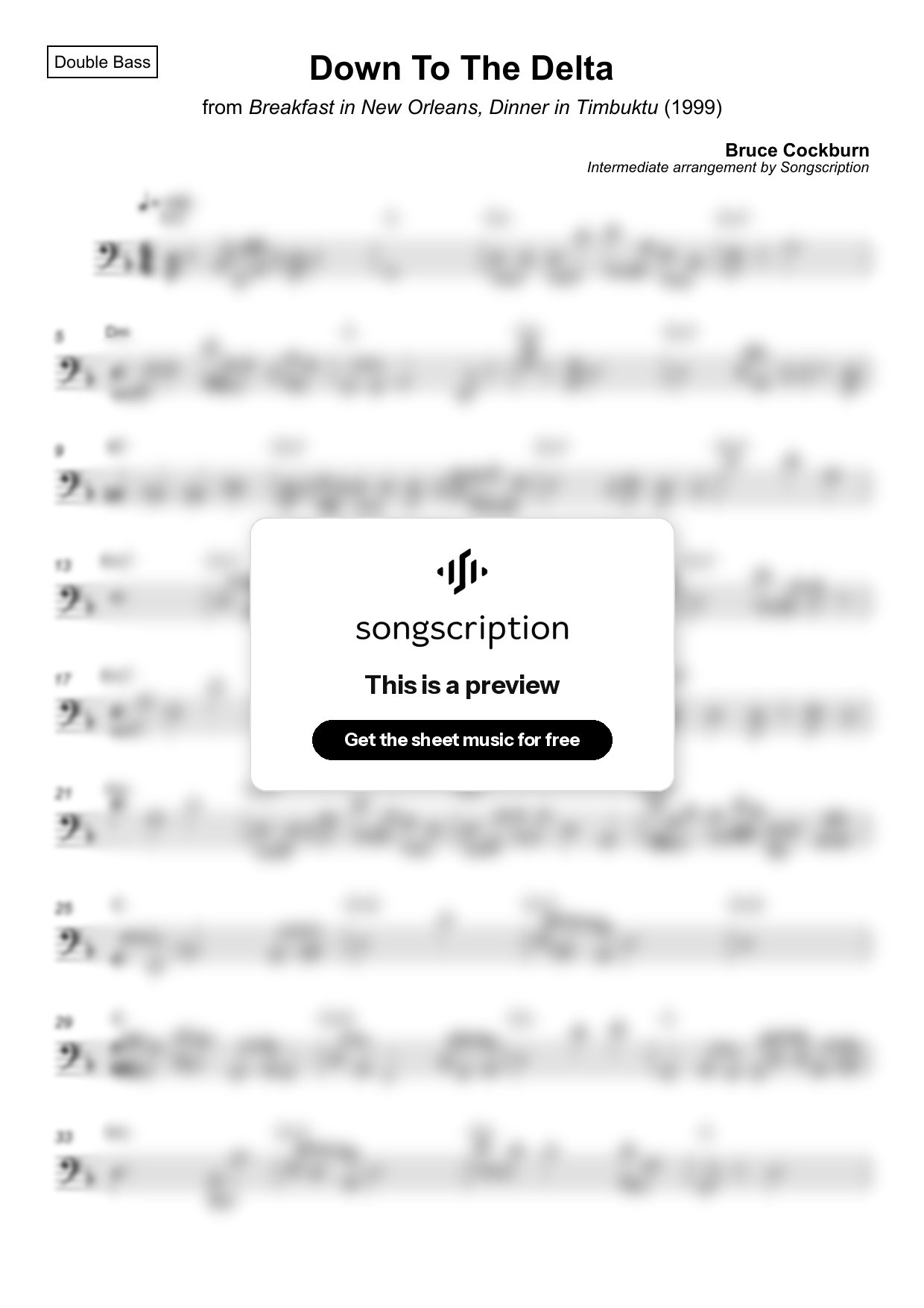Intermediate Double Bass Sheet Music for "Down To The Delta" by Bruce Cockburn