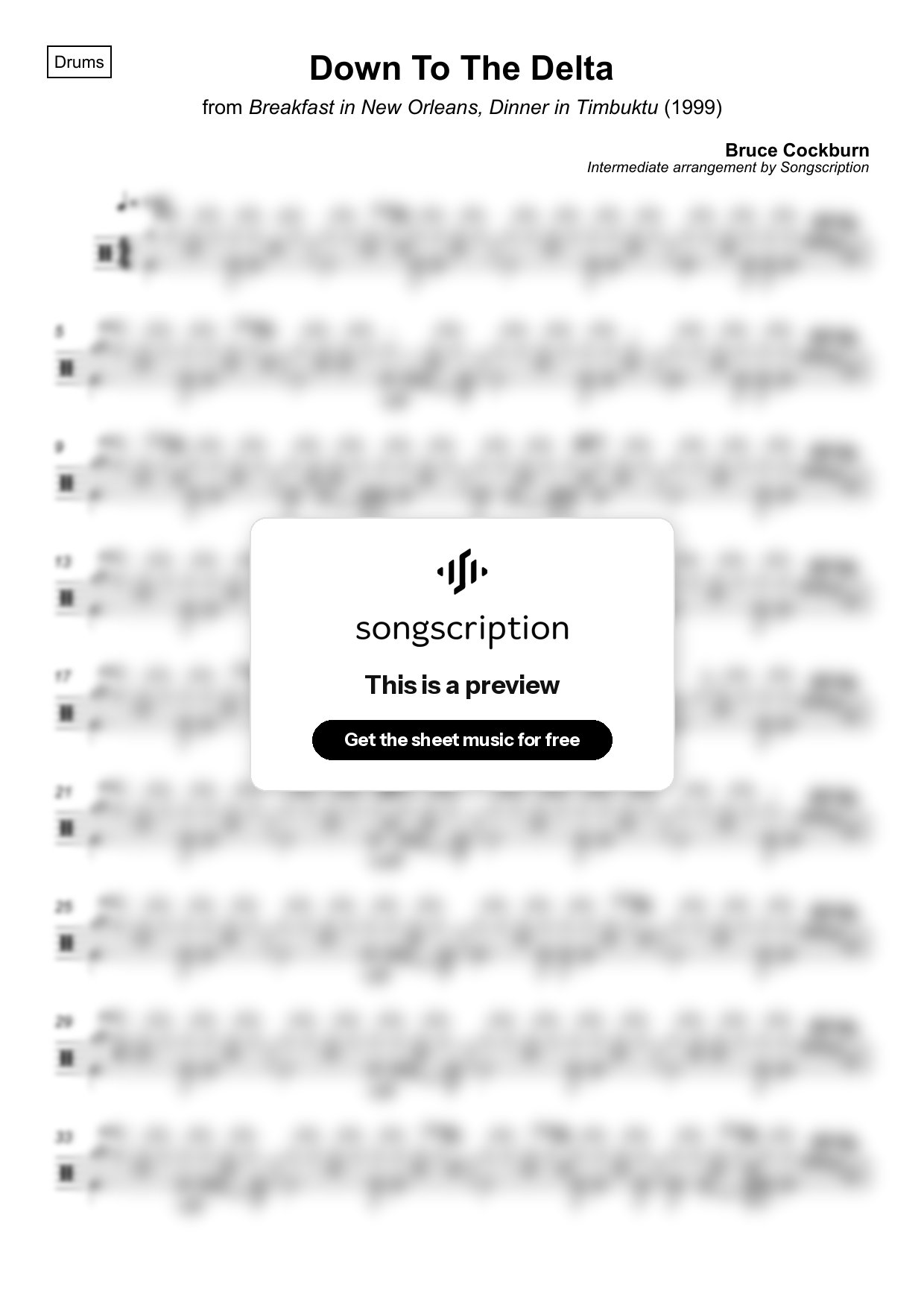 Intermediate Drums Sheet Music for "Down To The Delta" by Bruce Cockburn