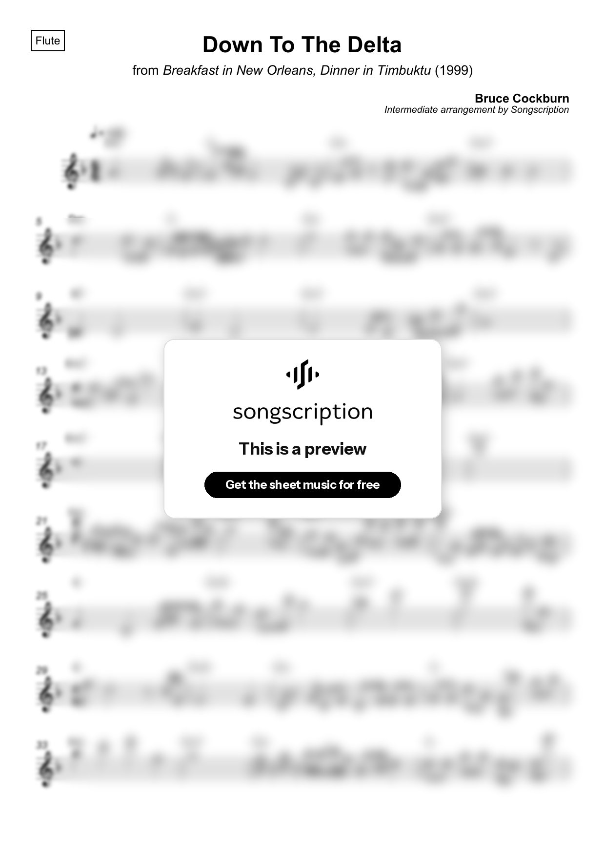 Intermediate Flute Sheet Music for "Down To The Delta" by Bruce Cockburn