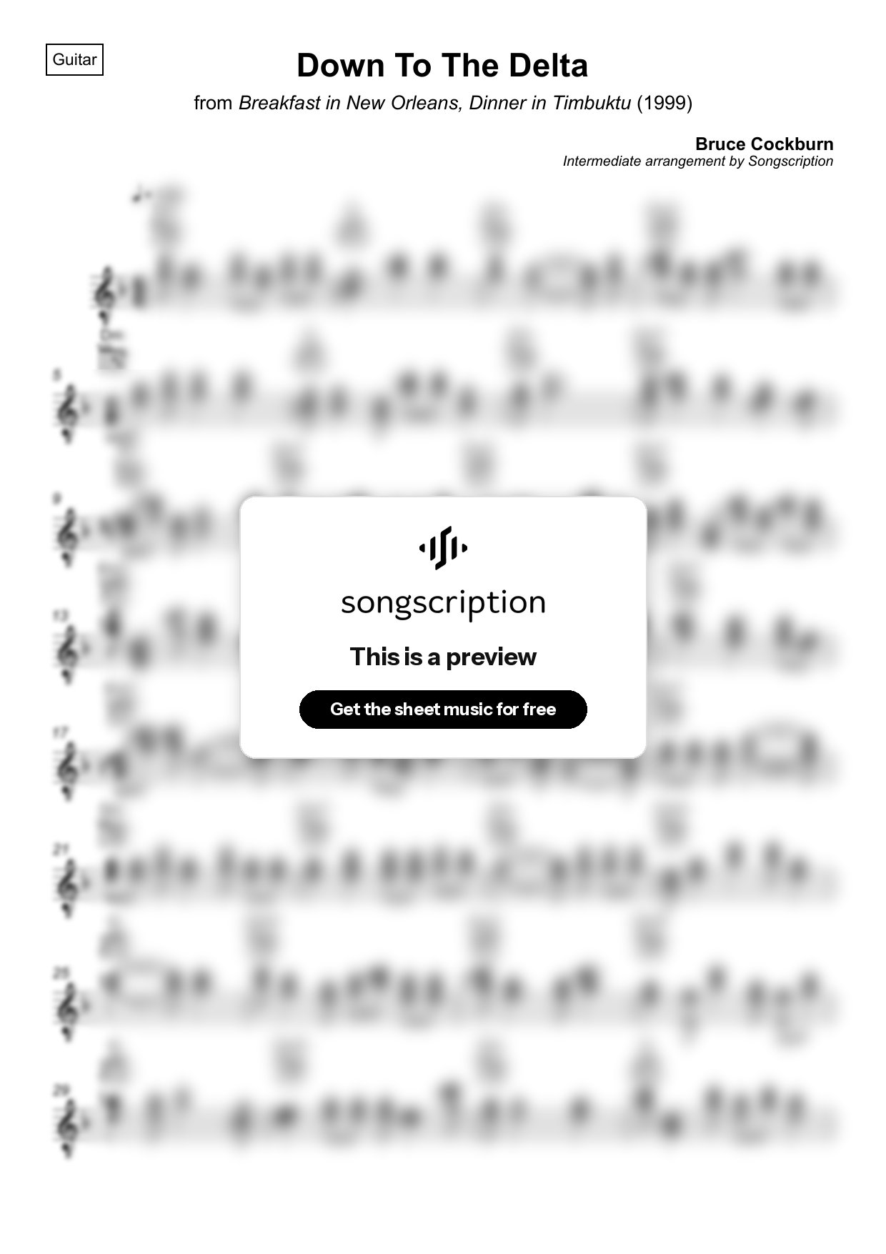 Intermediate Acoustic Guitar Sheet Music for "Down To The Delta" by Bruce Cockburn