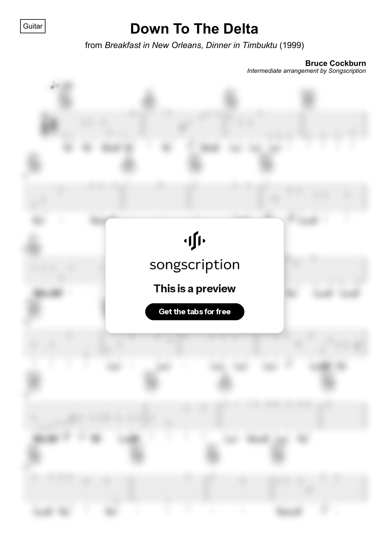 Intermediate Acoustic Guitar Tabs for "Down To The Delta" by Bruce Cockburn