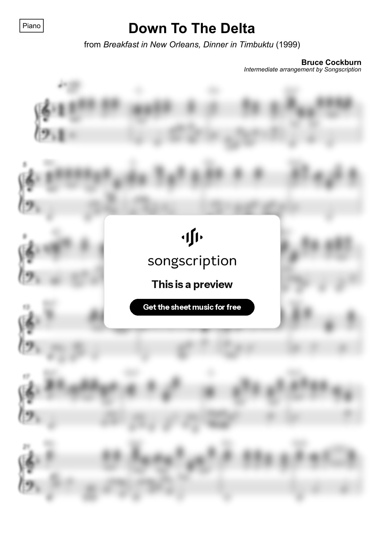 Intermediate Piano Sheet Music for "Down To The Delta" by Bruce Cockburn