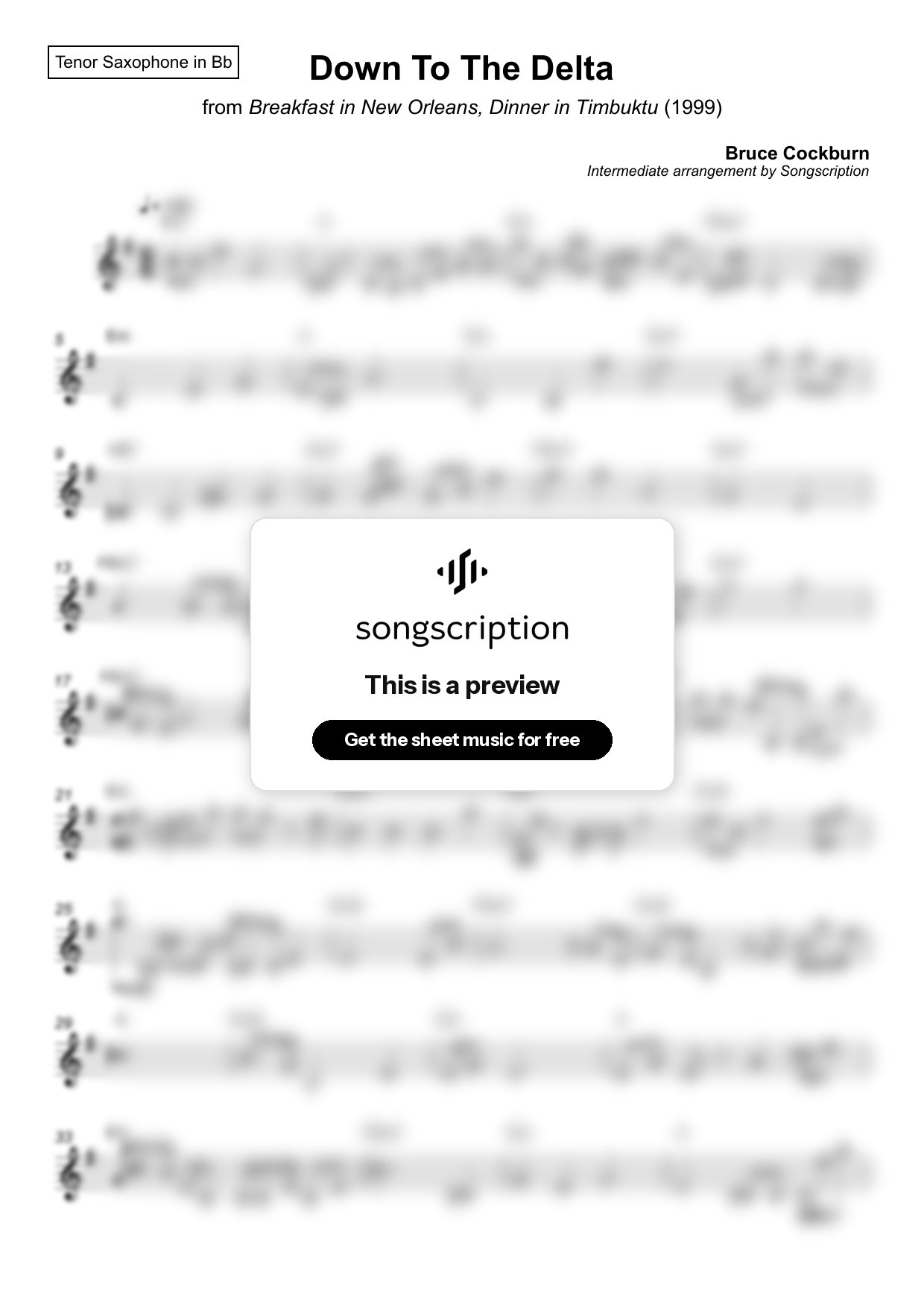 Intermediate Tenor Sax Sheet Music for "Down To The Delta" by Bruce Cockburn