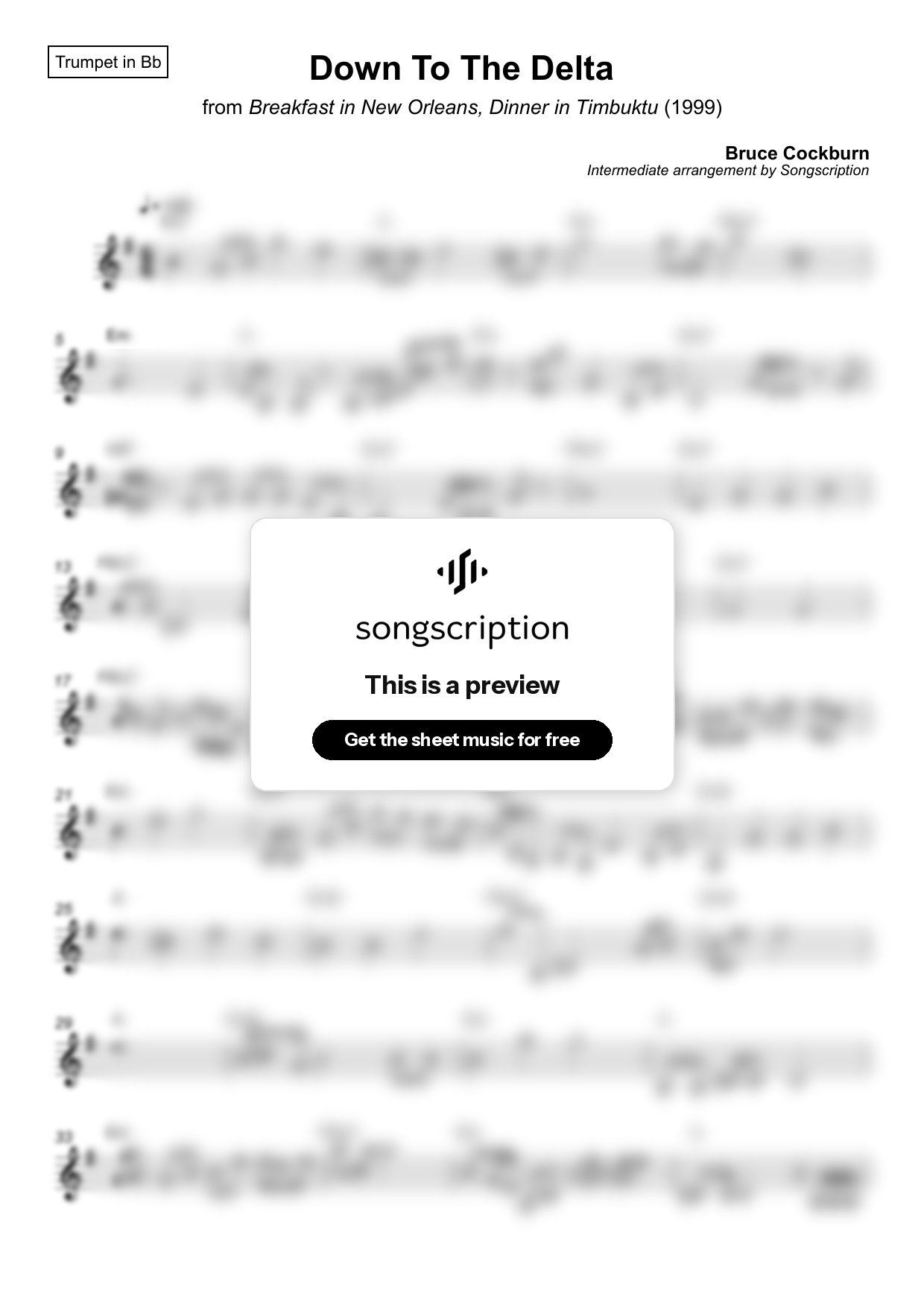 Intermediate Trumpet Sheet Music for "Down To The Delta" by Bruce Cockburn