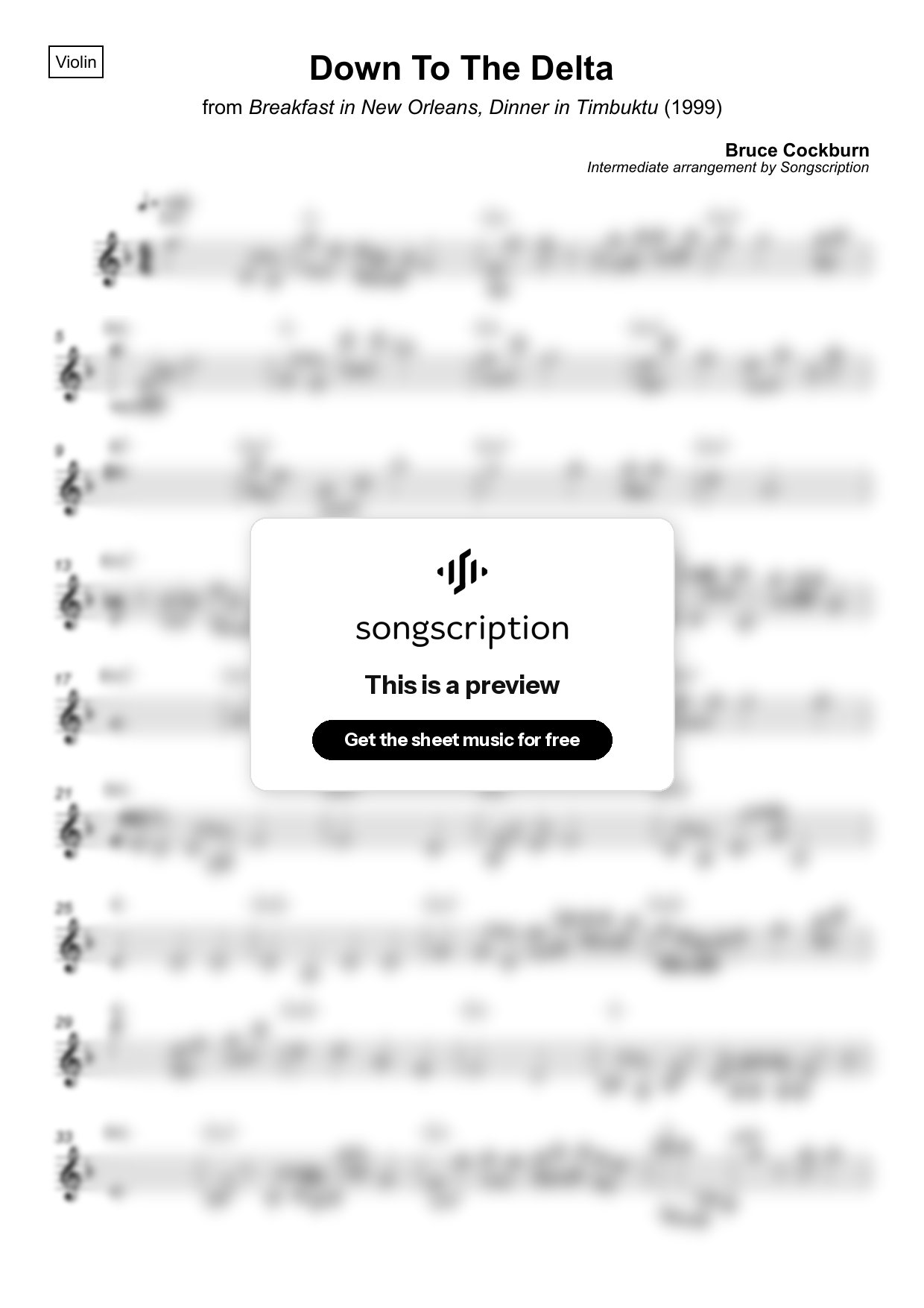 Intermediate Violin Sheet Music for "Down To The Delta" by Bruce Cockburn