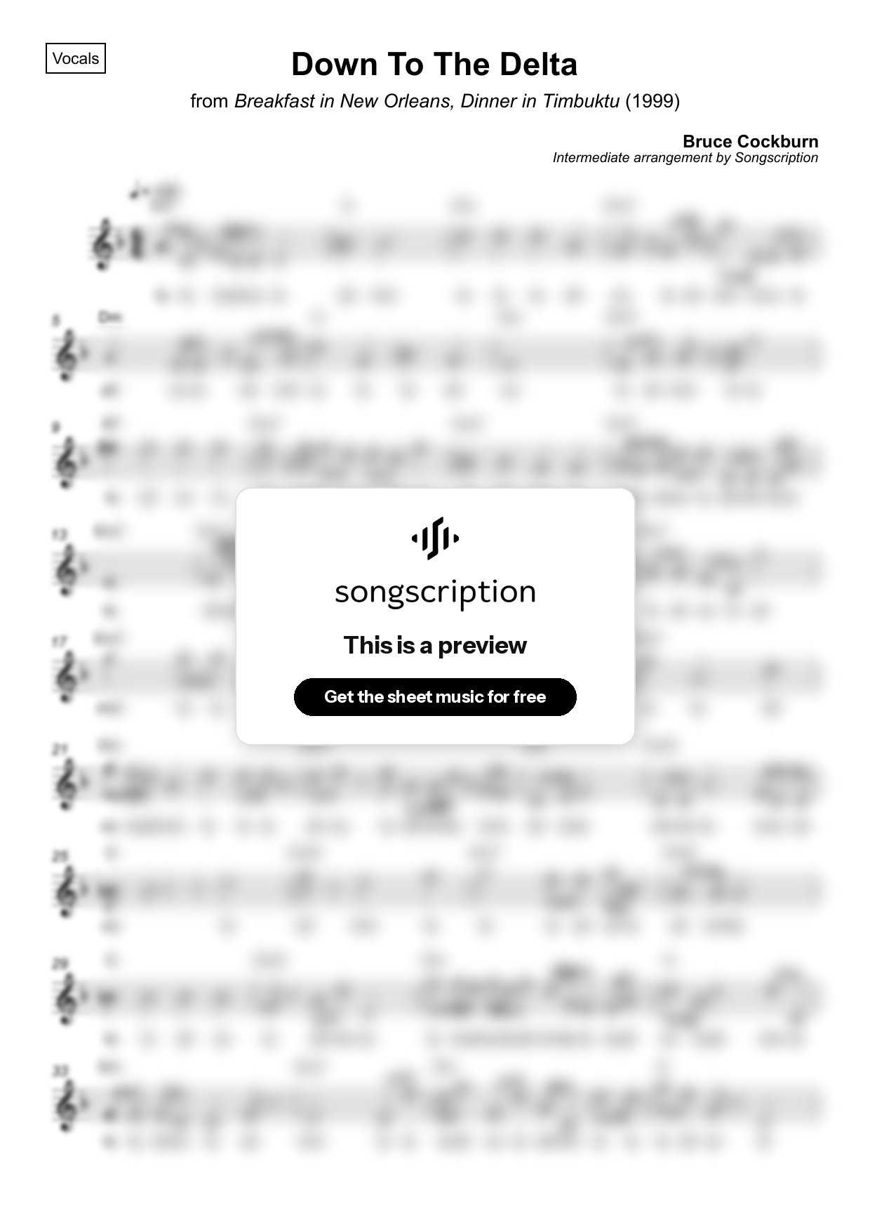 Intermediate Vocals Sheet Music for "Down To The Delta" by Bruce Cockburn