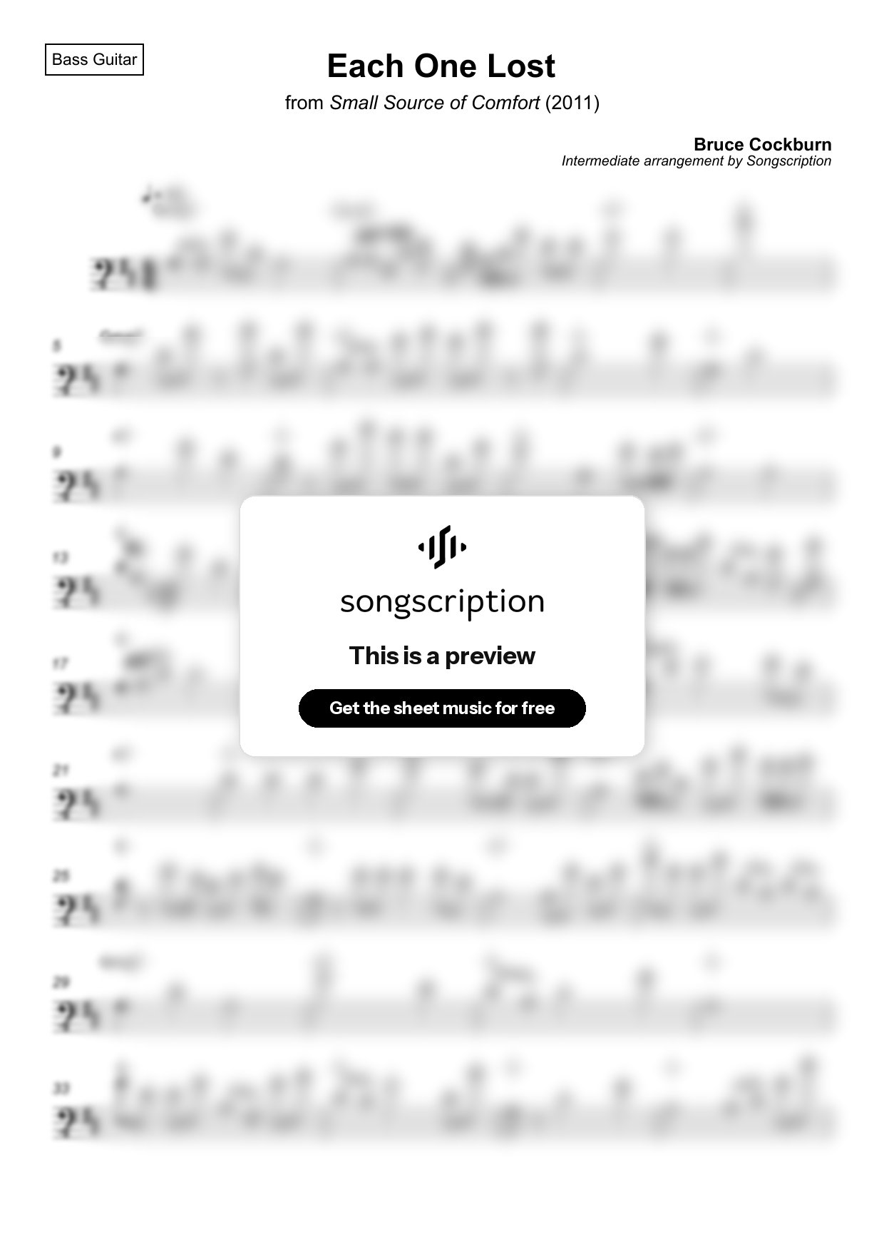 Intermediate Bass Guitar Sheet Music for "Each One Lost" by Bruce Cockburn
