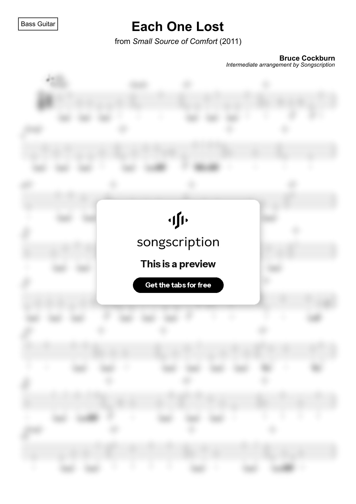 Intermediate Bass Guitar Tabs for "Each One Lost" by Bruce Cockburn