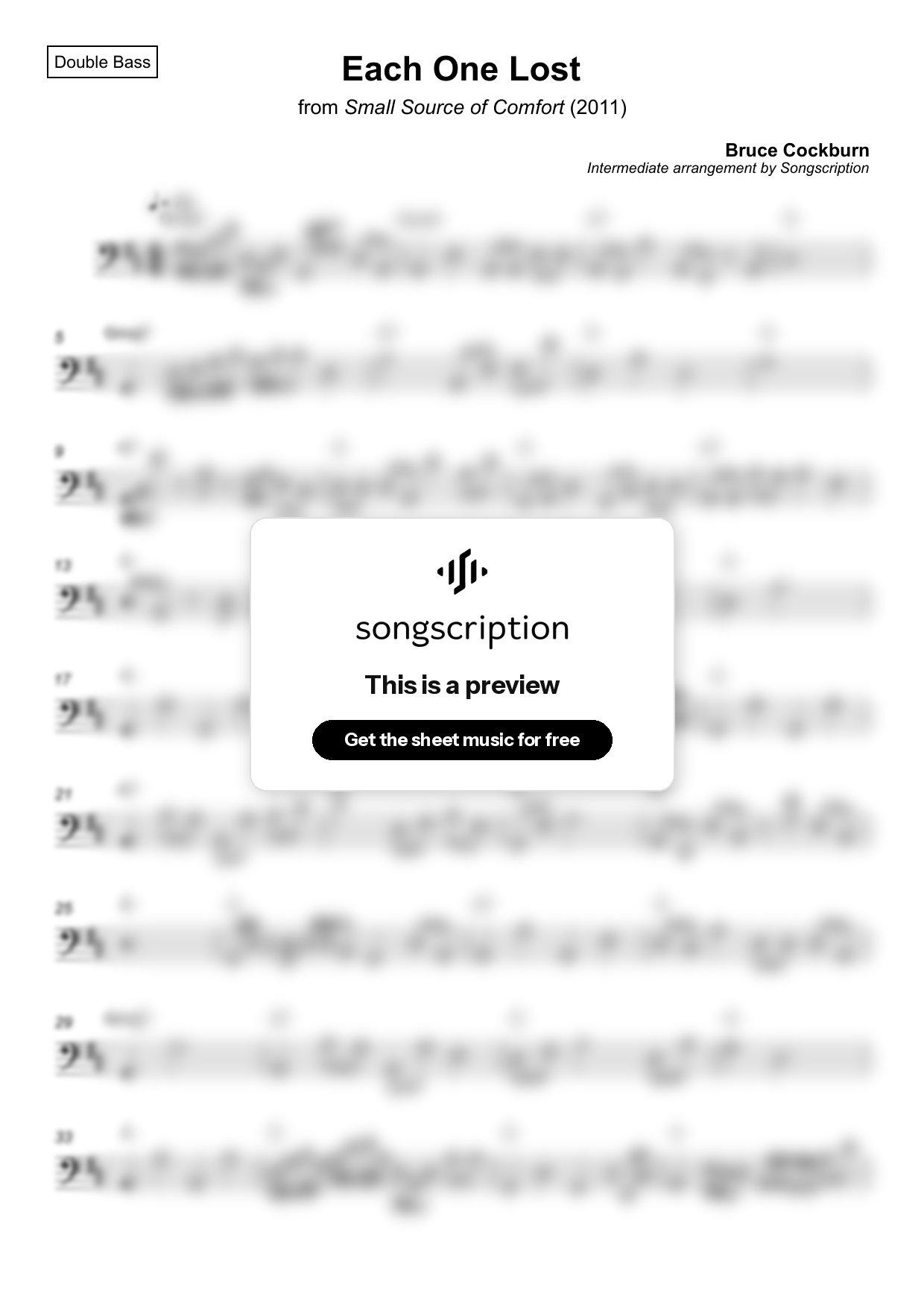Intermediate Double Bass Sheet Music for "Each One Lost" by Bruce Cockburn