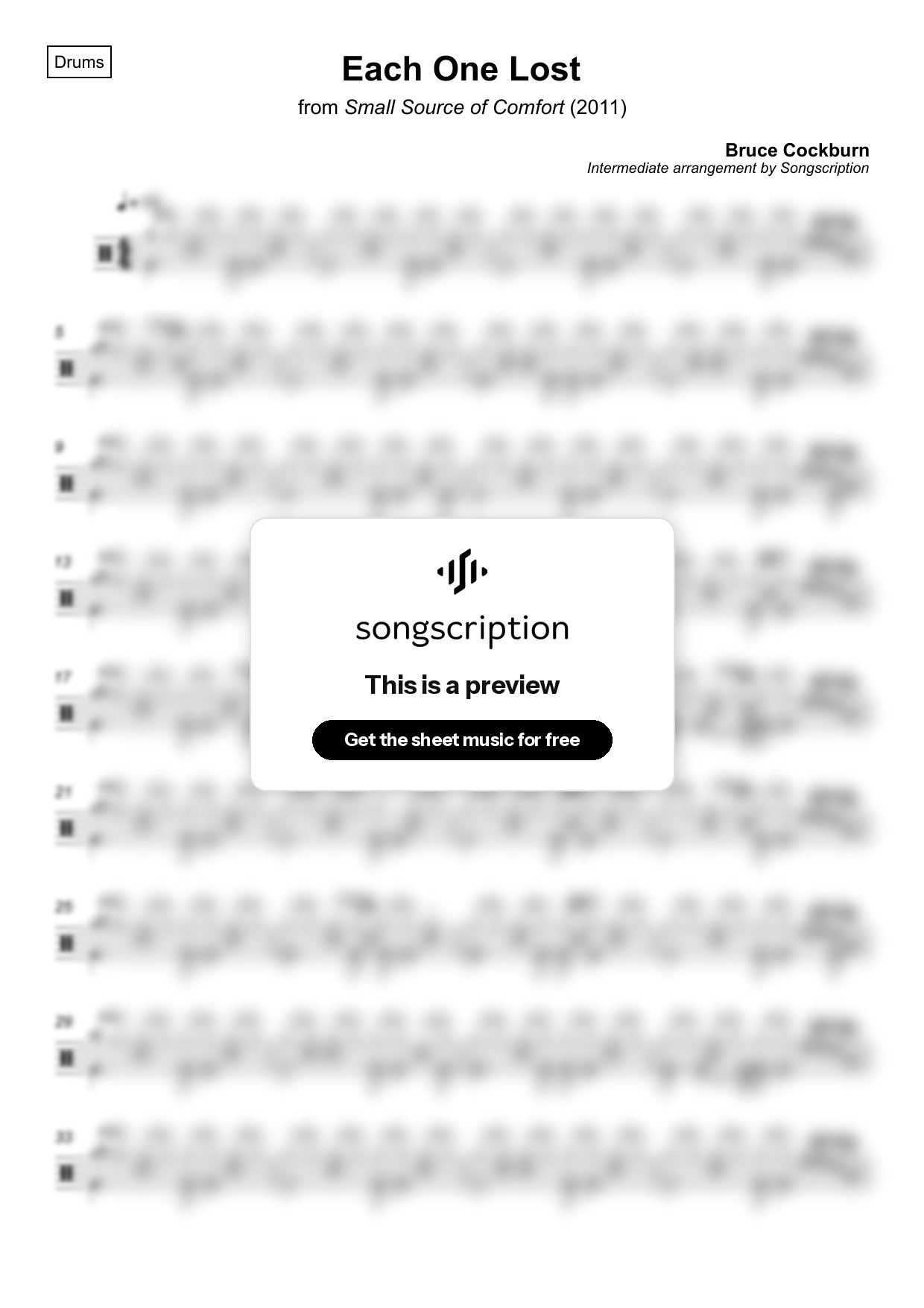 Intermediate Drums Sheet Music for "Each One Lost" by Bruce Cockburn