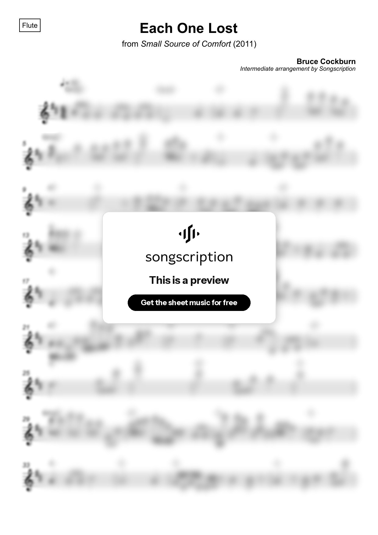 Intermediate Flute Sheet Music for "Each One Lost" by Bruce Cockburn