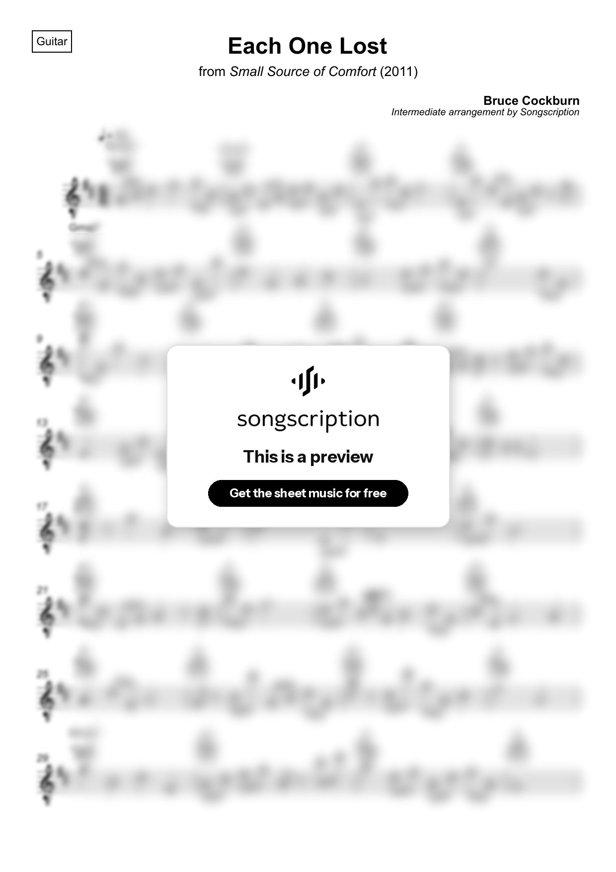 Intermediate Acoustic Guitar Sheet Music for "Each One Lost" by Bruce Cockburn