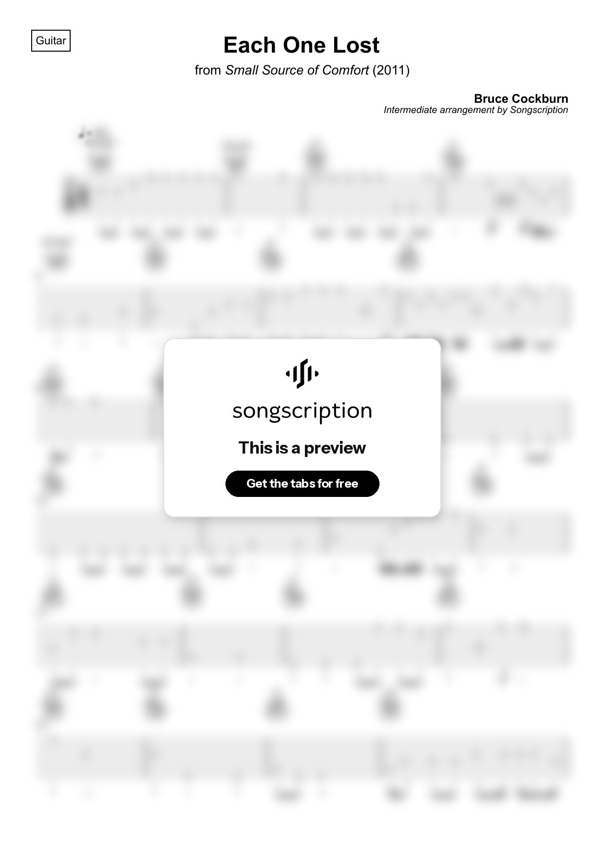 Intermediate Acoustic Guitar Tabs for "Each One Lost" by Bruce Cockburn