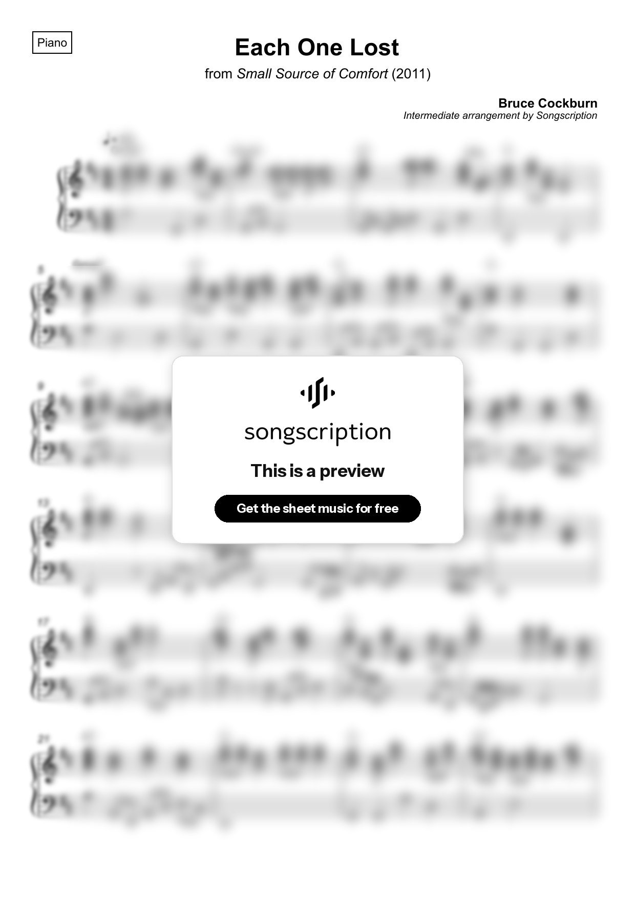 Intermediate Piano Sheet Music for "Each One Lost" by Bruce Cockburn