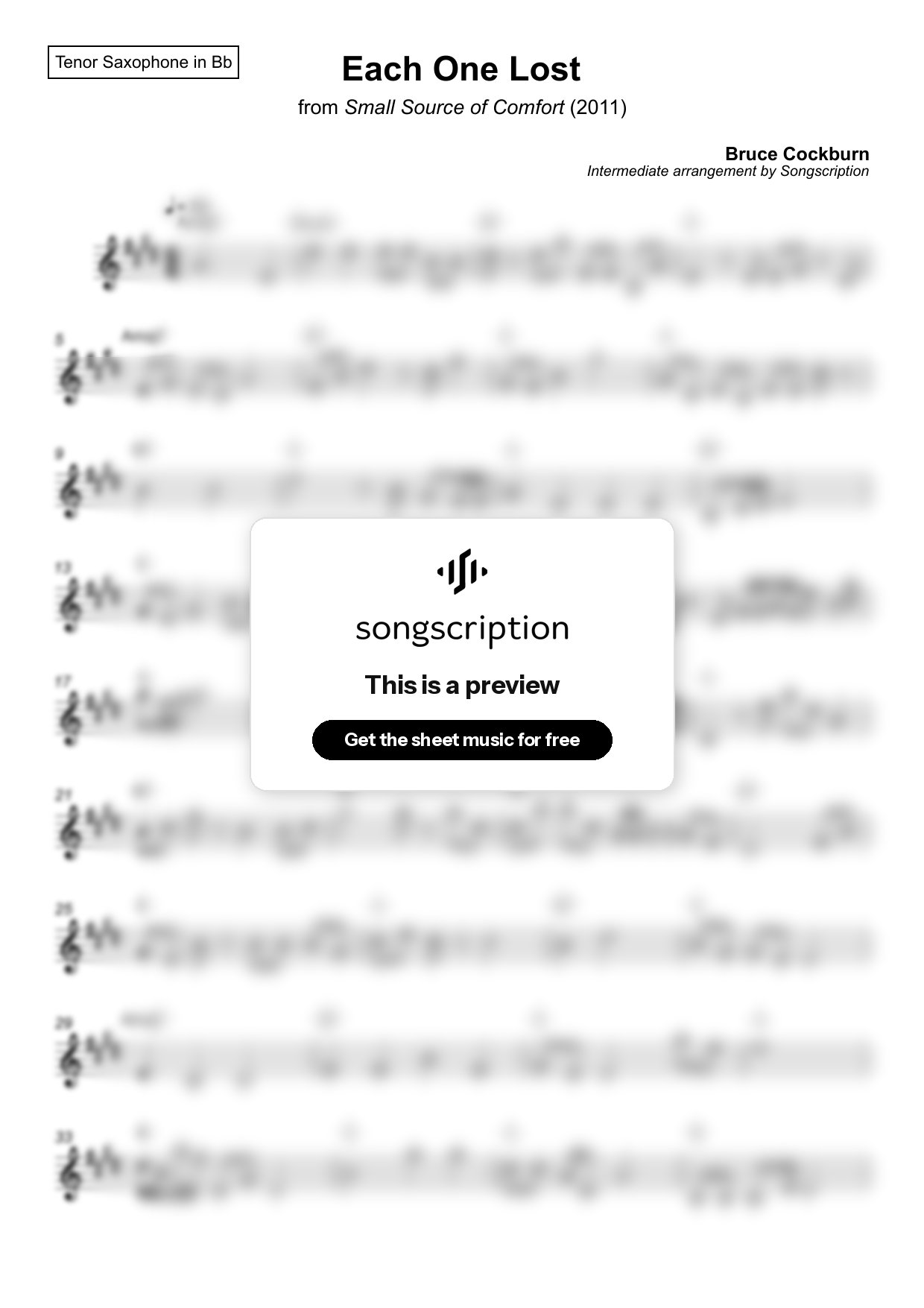 Intermediate Tenor Sax Sheet Music for "Each One Lost" by Bruce Cockburn