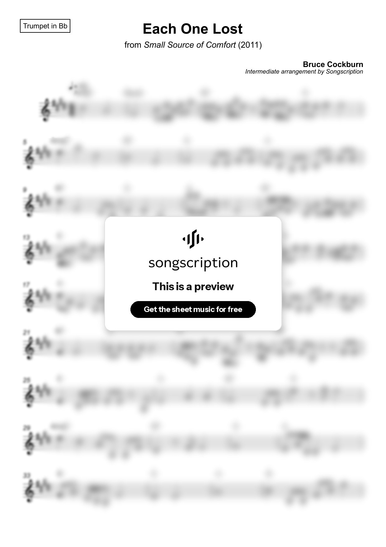 Intermediate Trumpet Sheet Music for "Each One Lost" by Bruce Cockburn