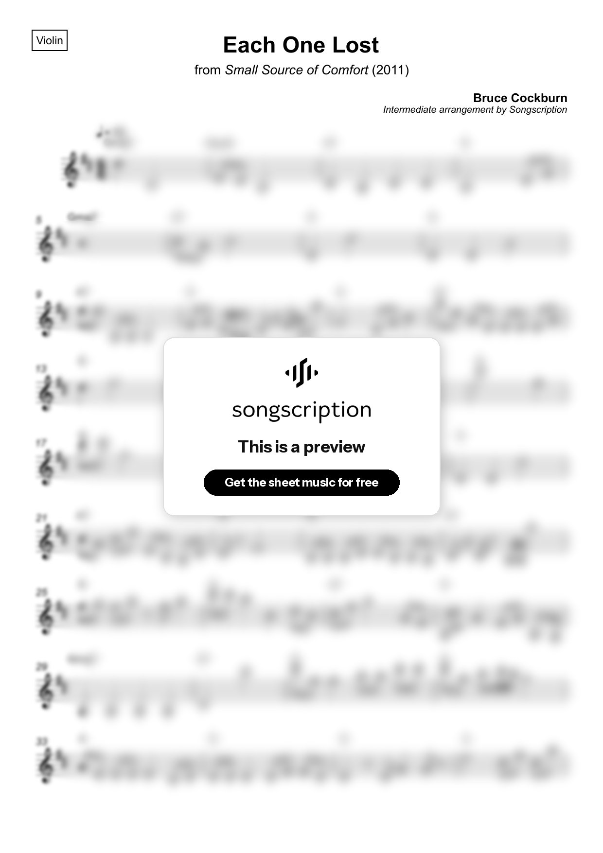 Intermediate Violin Sheet Music for "Each One Lost" by Bruce Cockburn