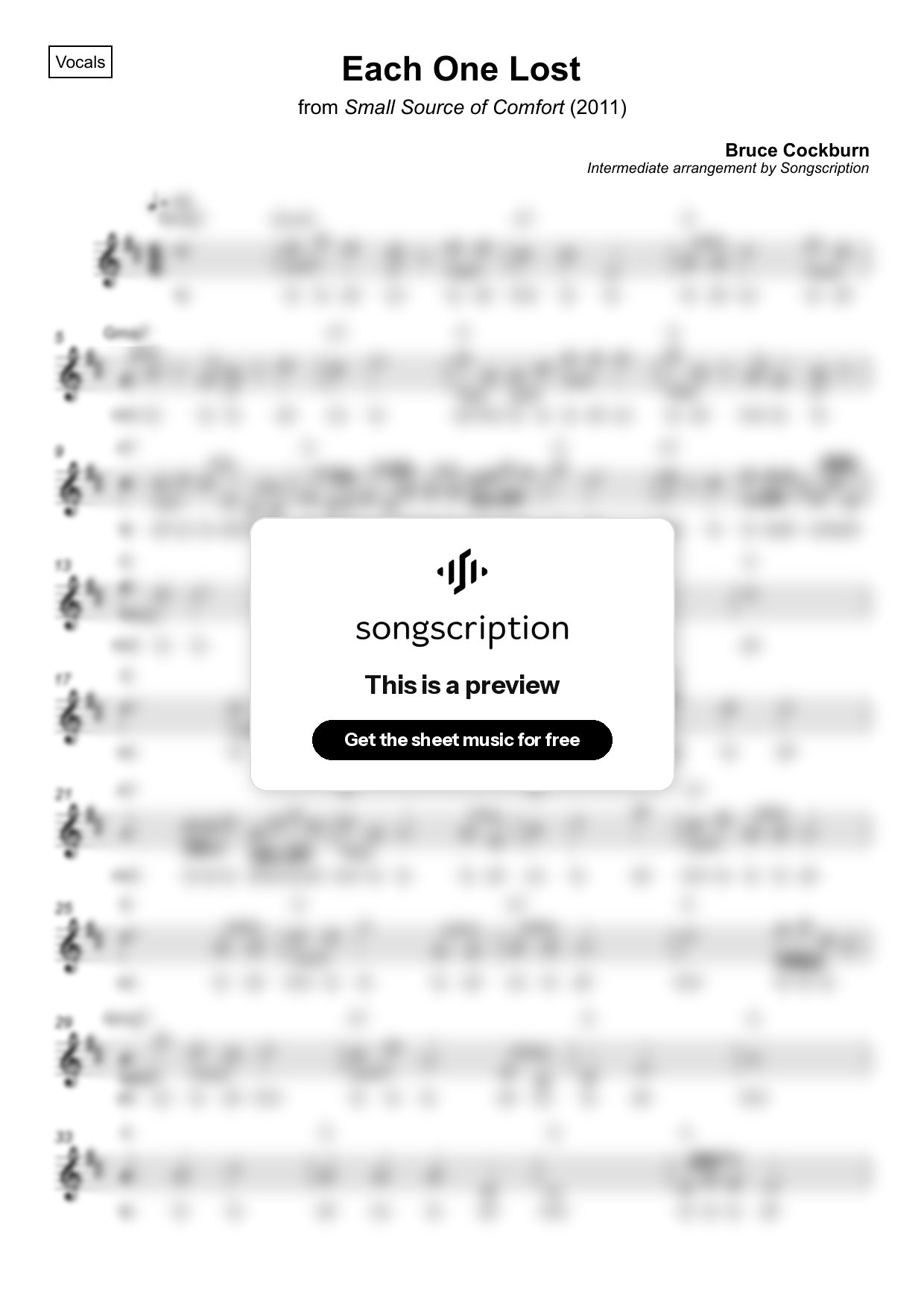 Intermediate Vocals Sheet Music for "Each One Lost" by Bruce Cockburn