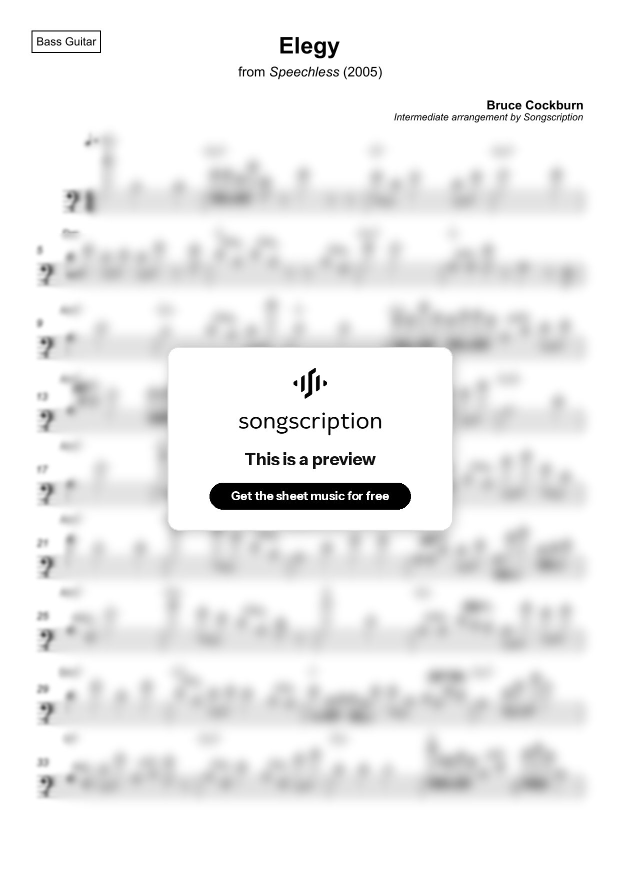 Intermediate Bass Guitar Sheet Music for "Elegy" by Bruce Cockburn
