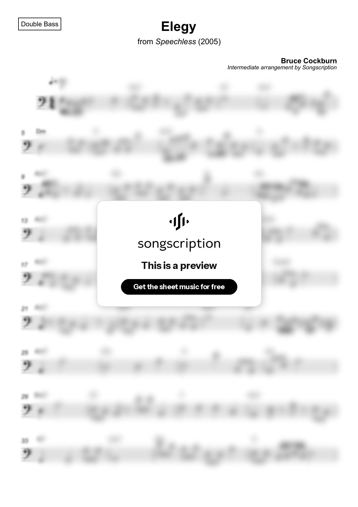 Intermediate Double Bass Sheet Music for "Elegy" by Bruce Cockburn