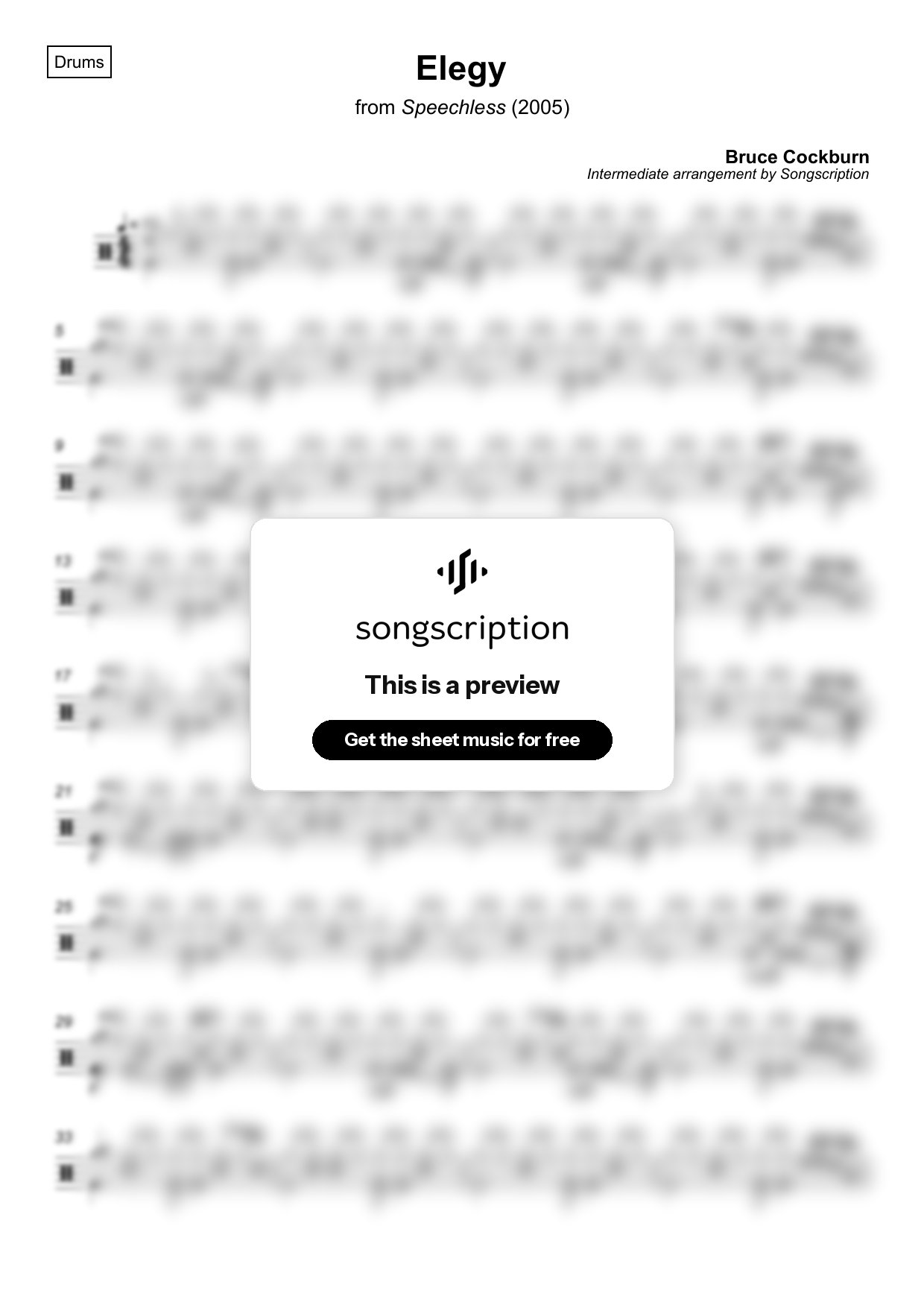 Intermediate Drums Sheet Music for "Elegy" by Bruce Cockburn