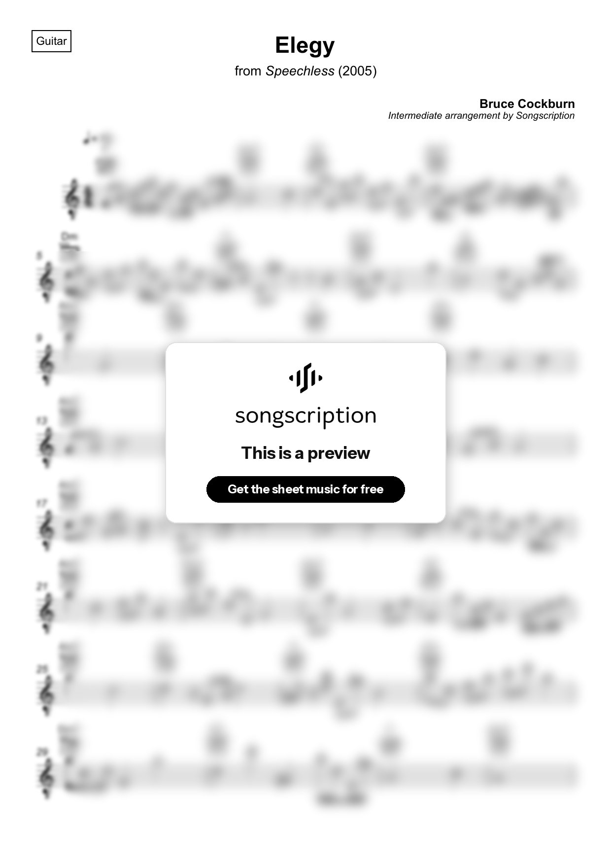 Intermediate Acoustic Guitar Sheet Music for "Elegy" by Bruce Cockburn