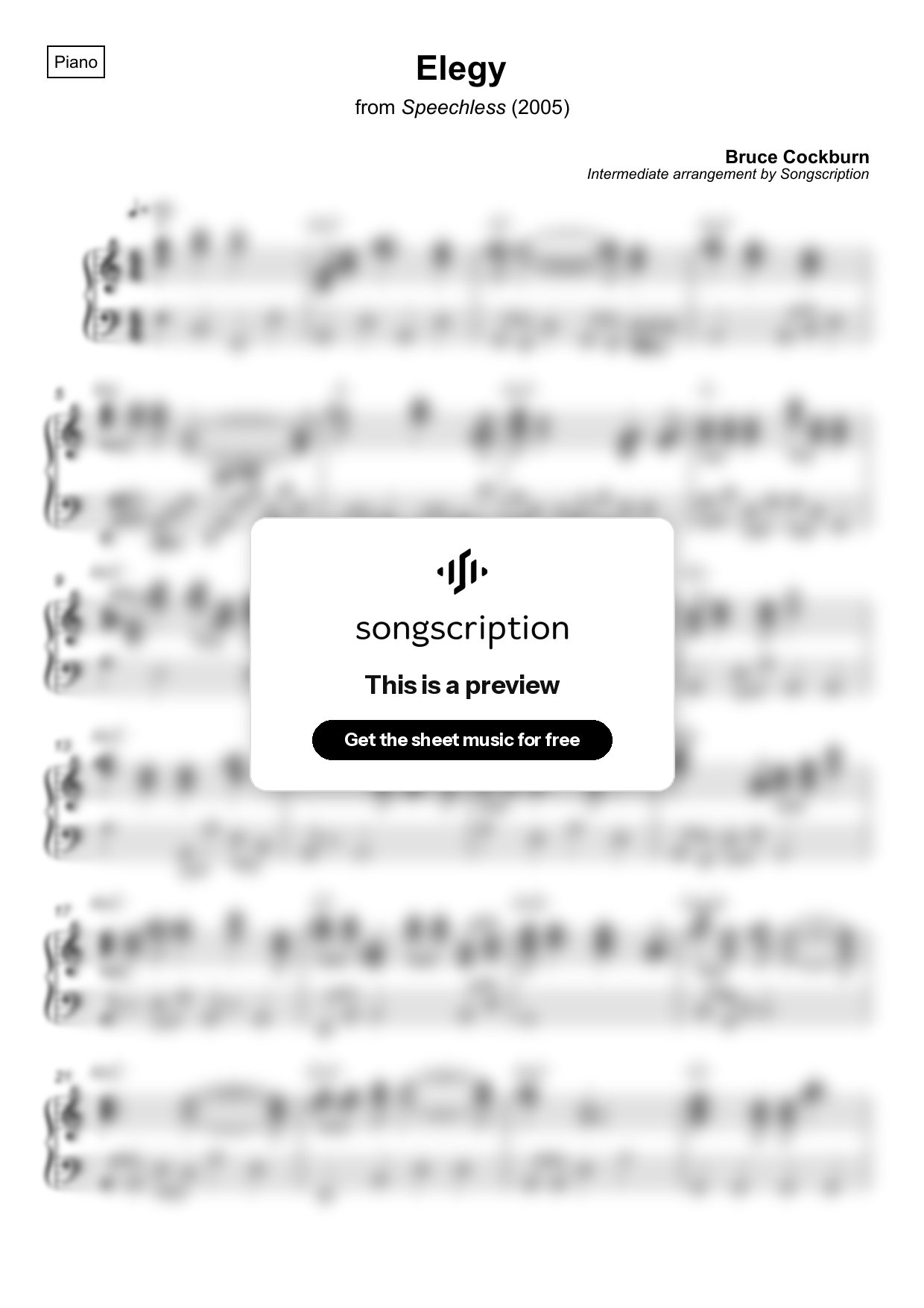 Intermediate Piano Sheet Music for "Elegy" by Bruce Cockburn