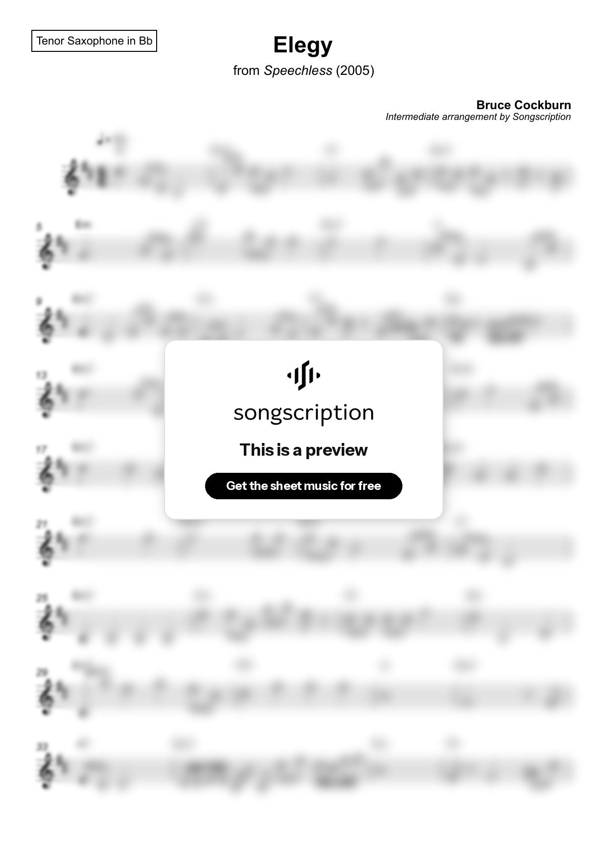 Intermediate Tenor Sax Sheet Music for "Elegy" by Bruce Cockburn
