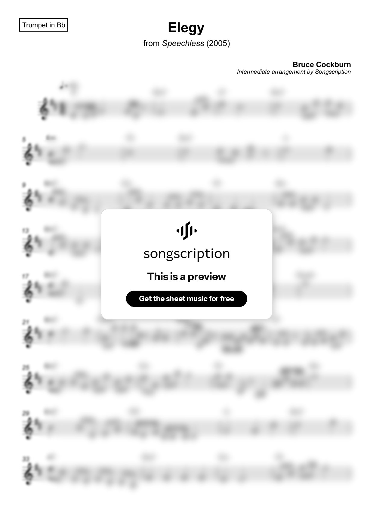 Intermediate Trumpet Sheet Music for "Elegy" by Bruce Cockburn