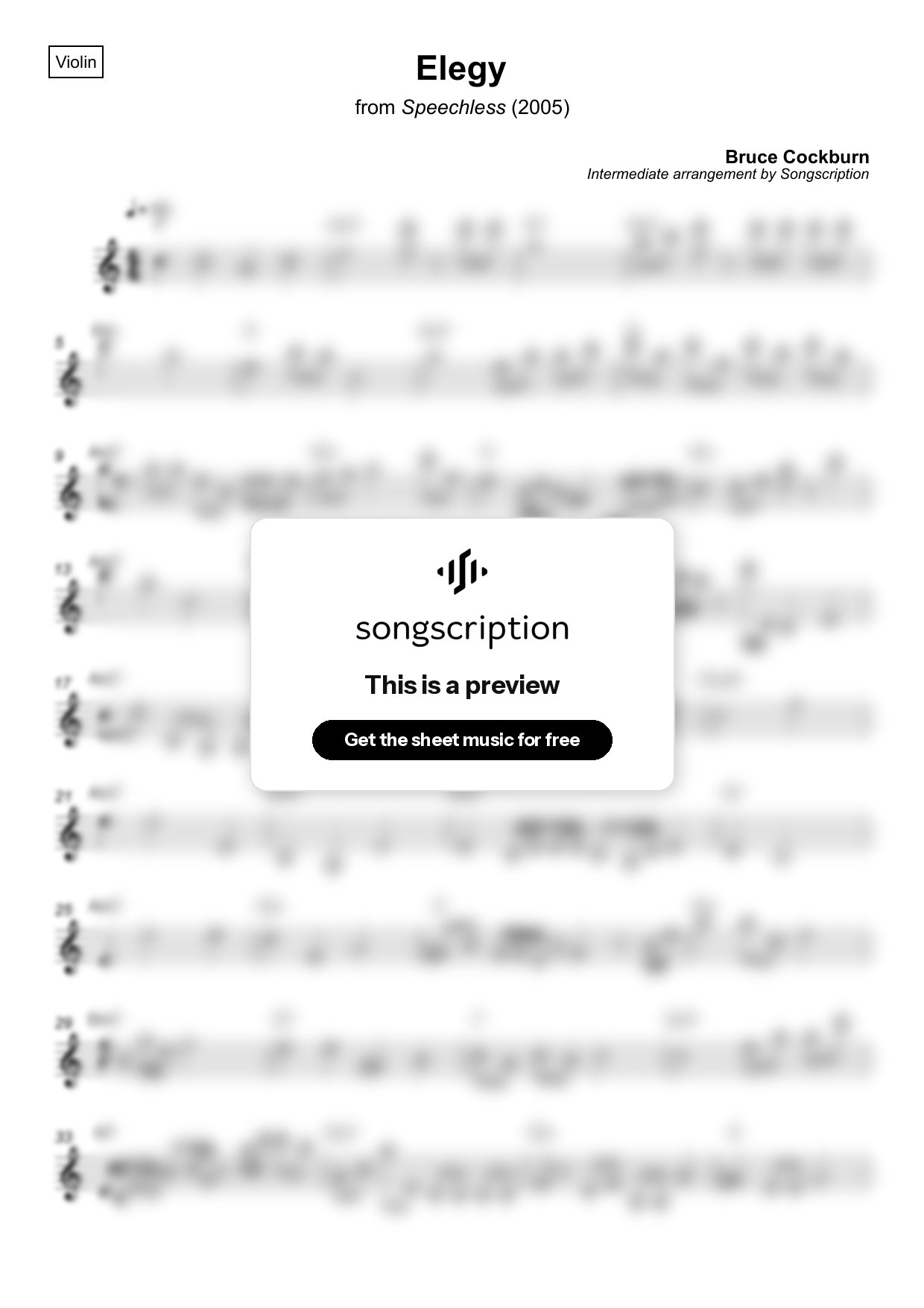 Intermediate Violin Sheet Music for "Elegy" by Bruce Cockburn