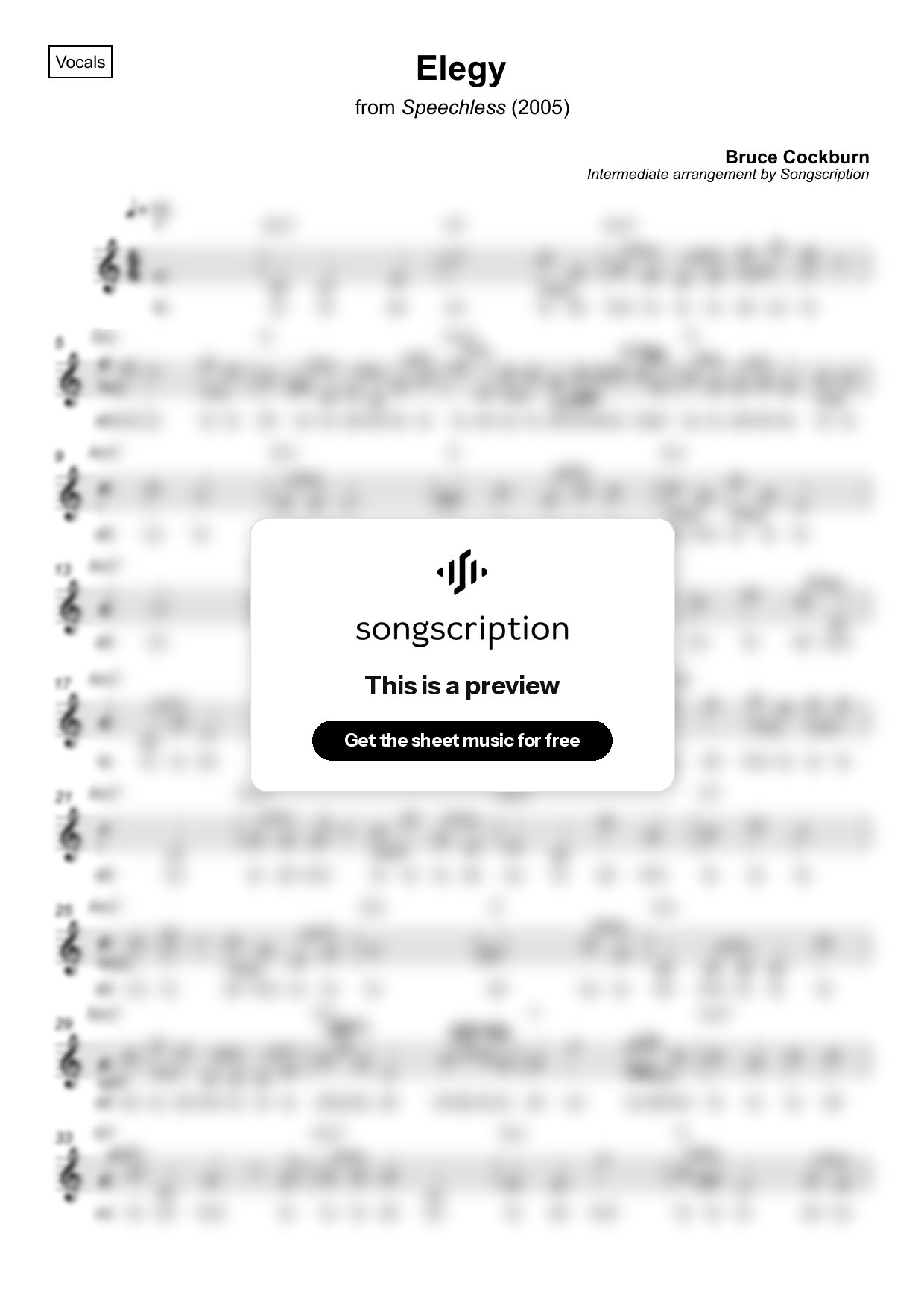 Intermediate Vocals Sheet Music for "Elegy" by Bruce Cockburn
