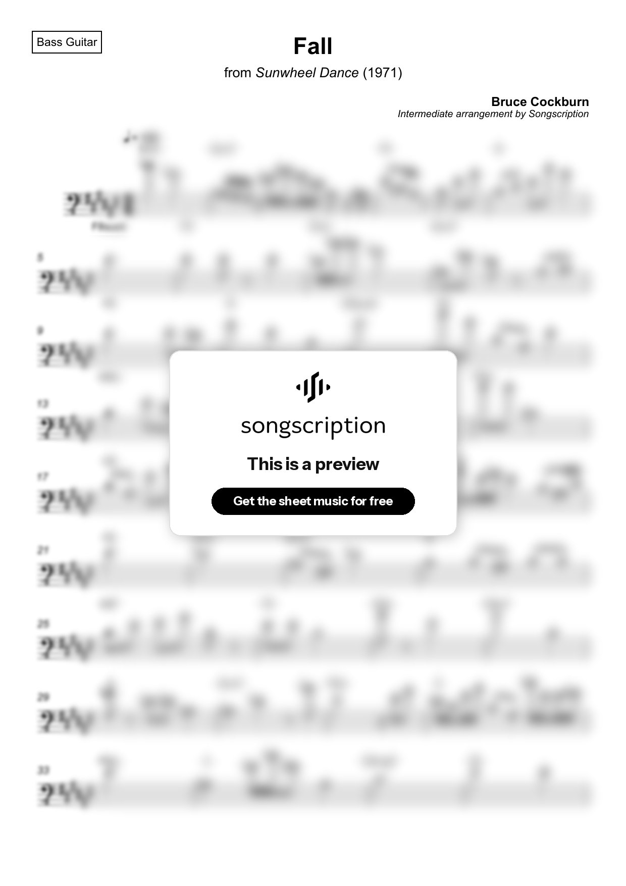 Intermediate Bass Guitar Sheet Music for "Fall" by Bruce Cockburn