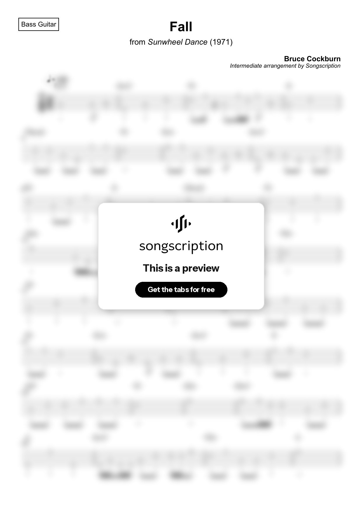 Intermediate Bass Guitar Tabs for "Fall" by Bruce Cockburn