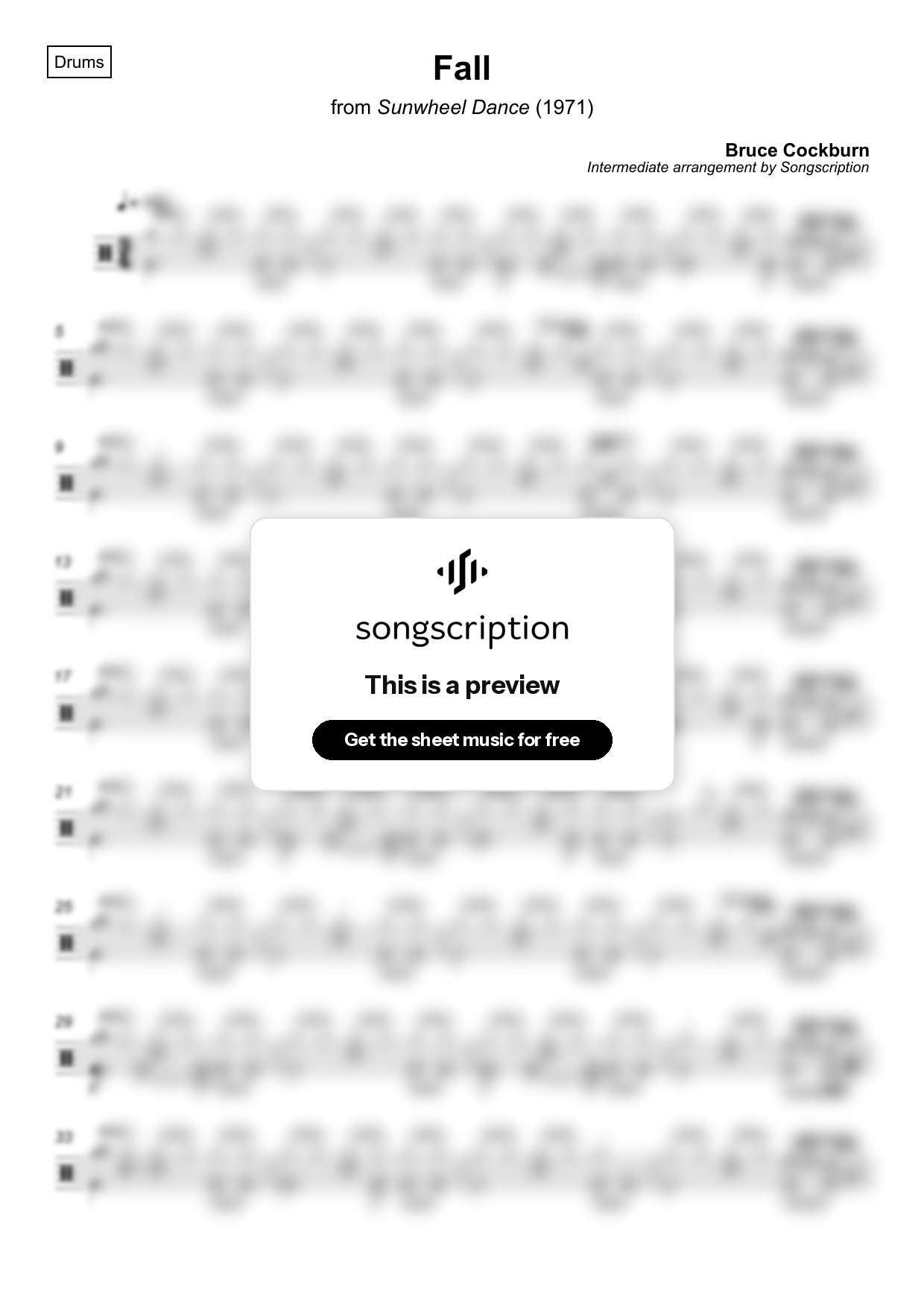 Intermediate Drums Sheet Music for "Fall" by Bruce Cockburn