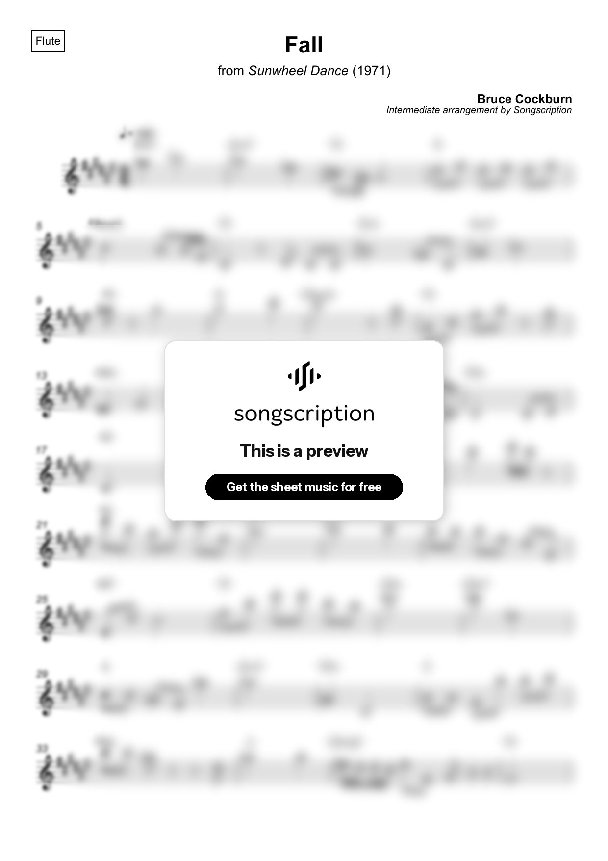 Intermediate Flute Sheet Music for "Fall" by Bruce Cockburn
