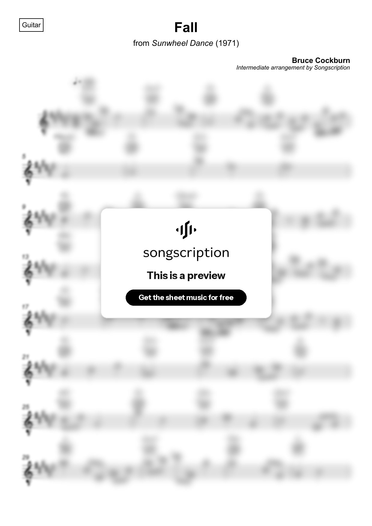 Intermediate Acoustic Guitar Sheet Music for "Fall" by Bruce Cockburn
