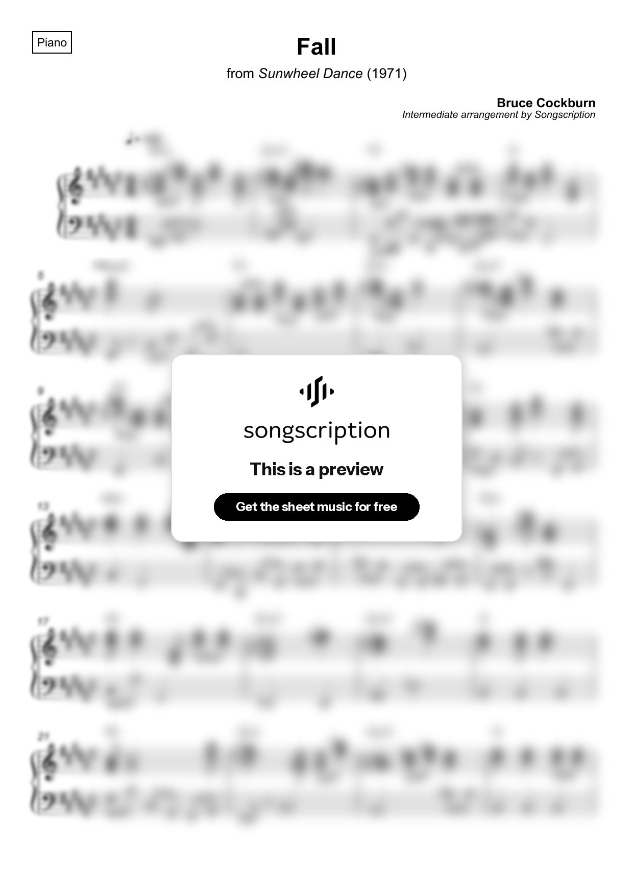 Intermediate Piano Sheet Music for "Fall" by Bruce Cockburn