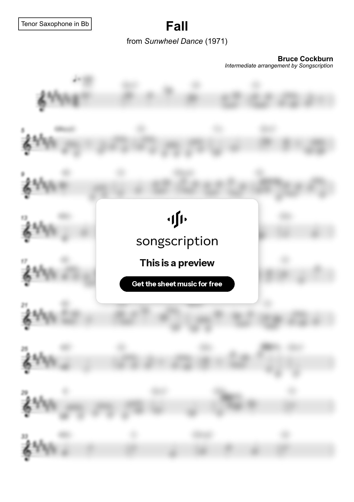Intermediate Tenor Sax Sheet Music for "Fall" by Bruce Cockburn