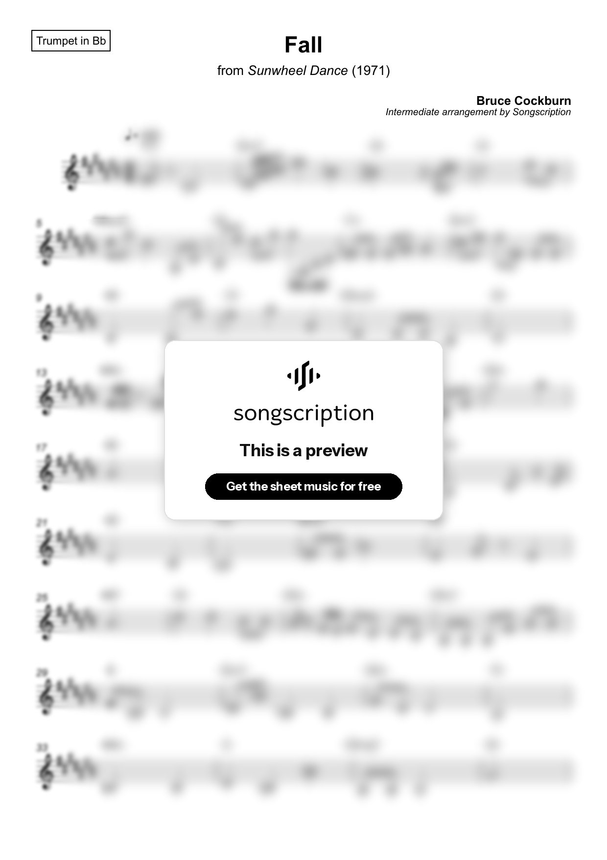 Intermediate Trumpet Sheet Music for "Fall" by Bruce Cockburn