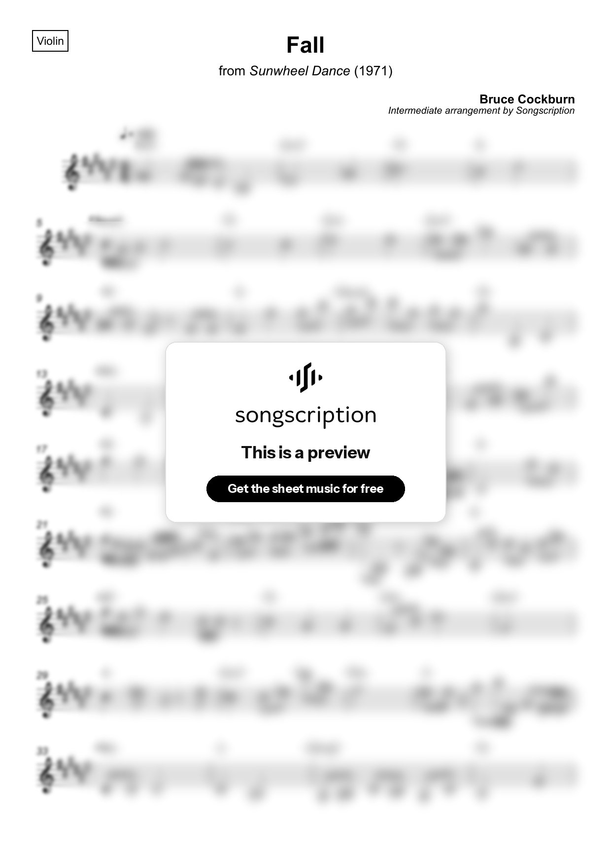 Intermediate Violin Sheet Music for "Fall" by Bruce Cockburn