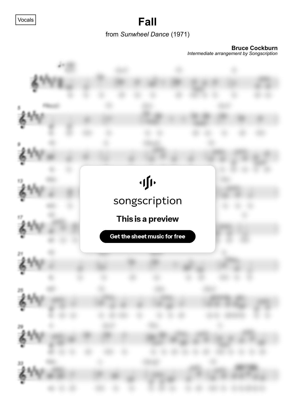 Intermediate Vocals Sheet Music for "Fall" by Bruce Cockburn