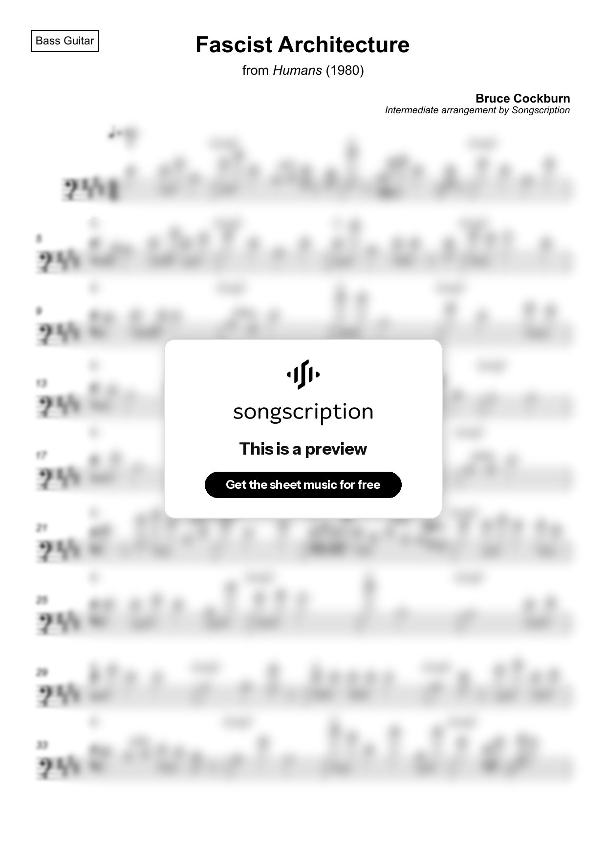 Intermediate Bass Guitar Sheet Music for "Fascist Architecture" by Bruce Cockburn
