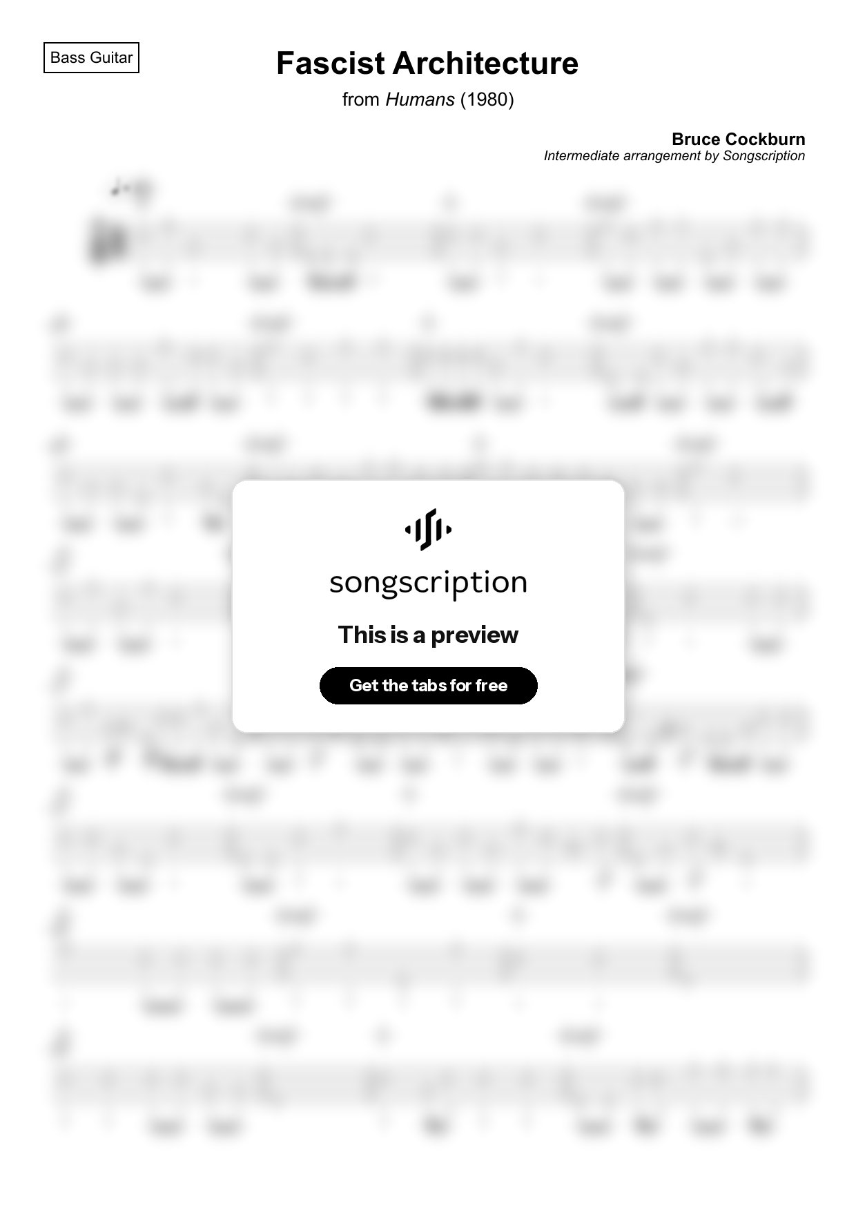 Intermediate Bass Guitar Tabs for "Fascist Architecture" by Bruce Cockburn
